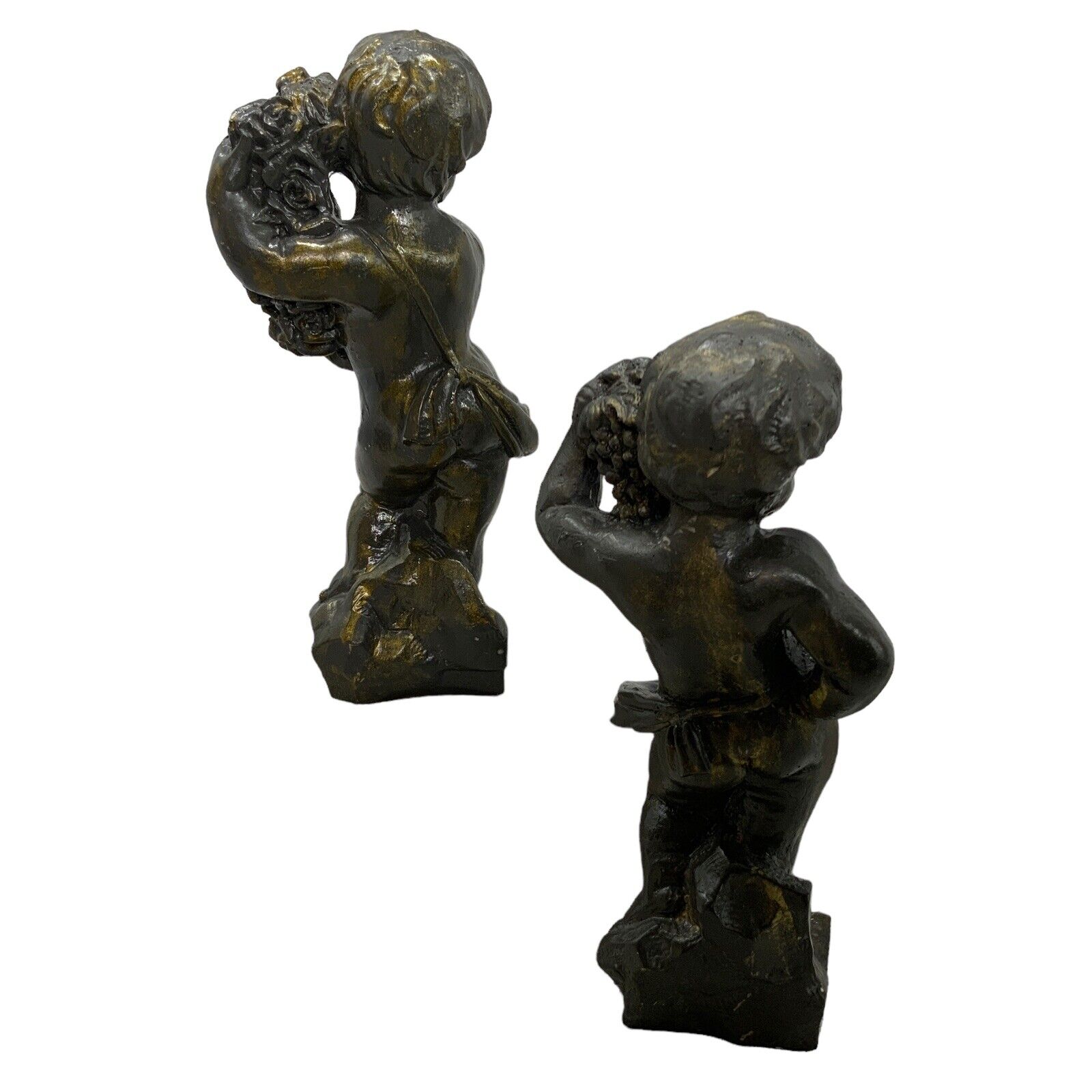 Vintage Statue Pair Boys Harvest Grapes Roses Plaster Bronze Finish 18th Century