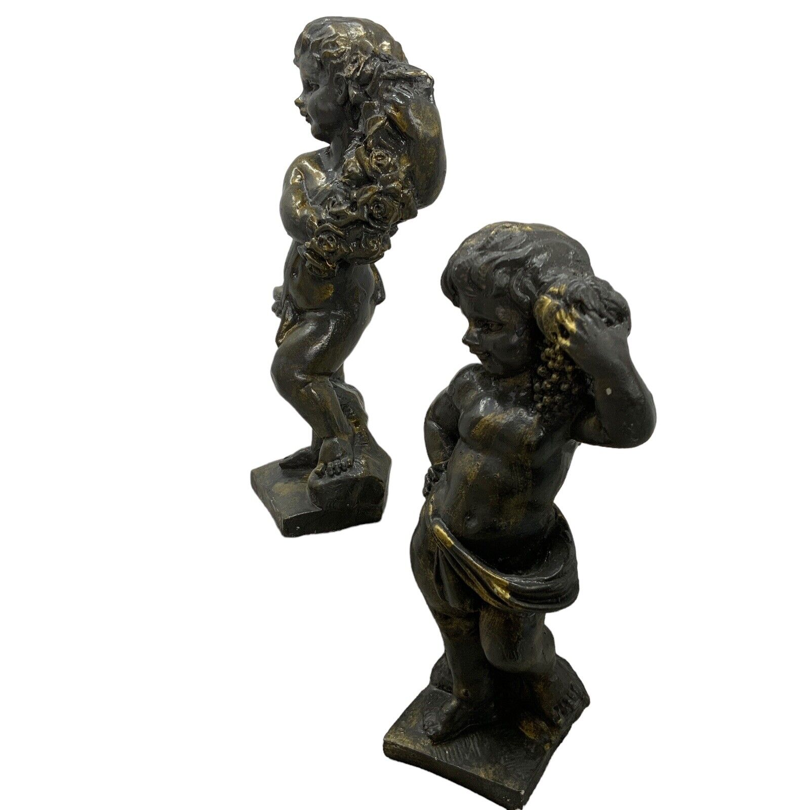 Vintage Statue Pair Boys Harvest Grapes Roses Plaster Bronze Finish 18th Century
