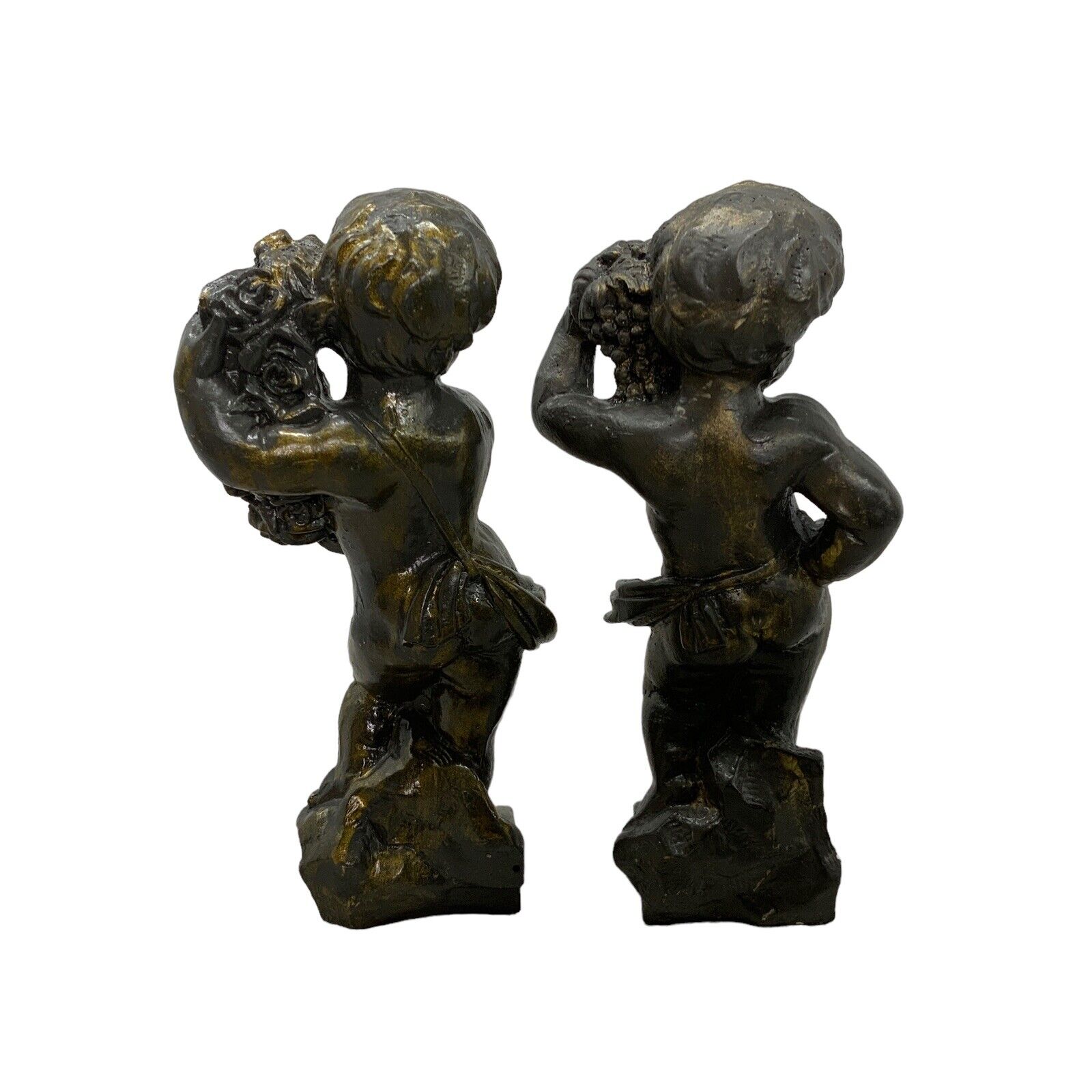 Vintage Statue Pair Boys Harvest Grapes Roses Plaster Bronze Finish 18th Century