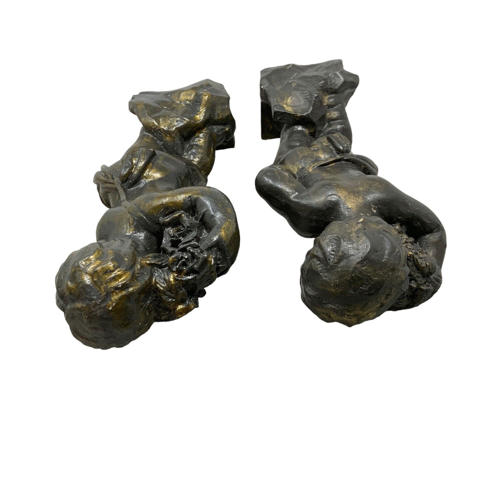 Vintage Statue Pair Boys Harvest Grapes Roses Plaster Bronze Finish 18th Century