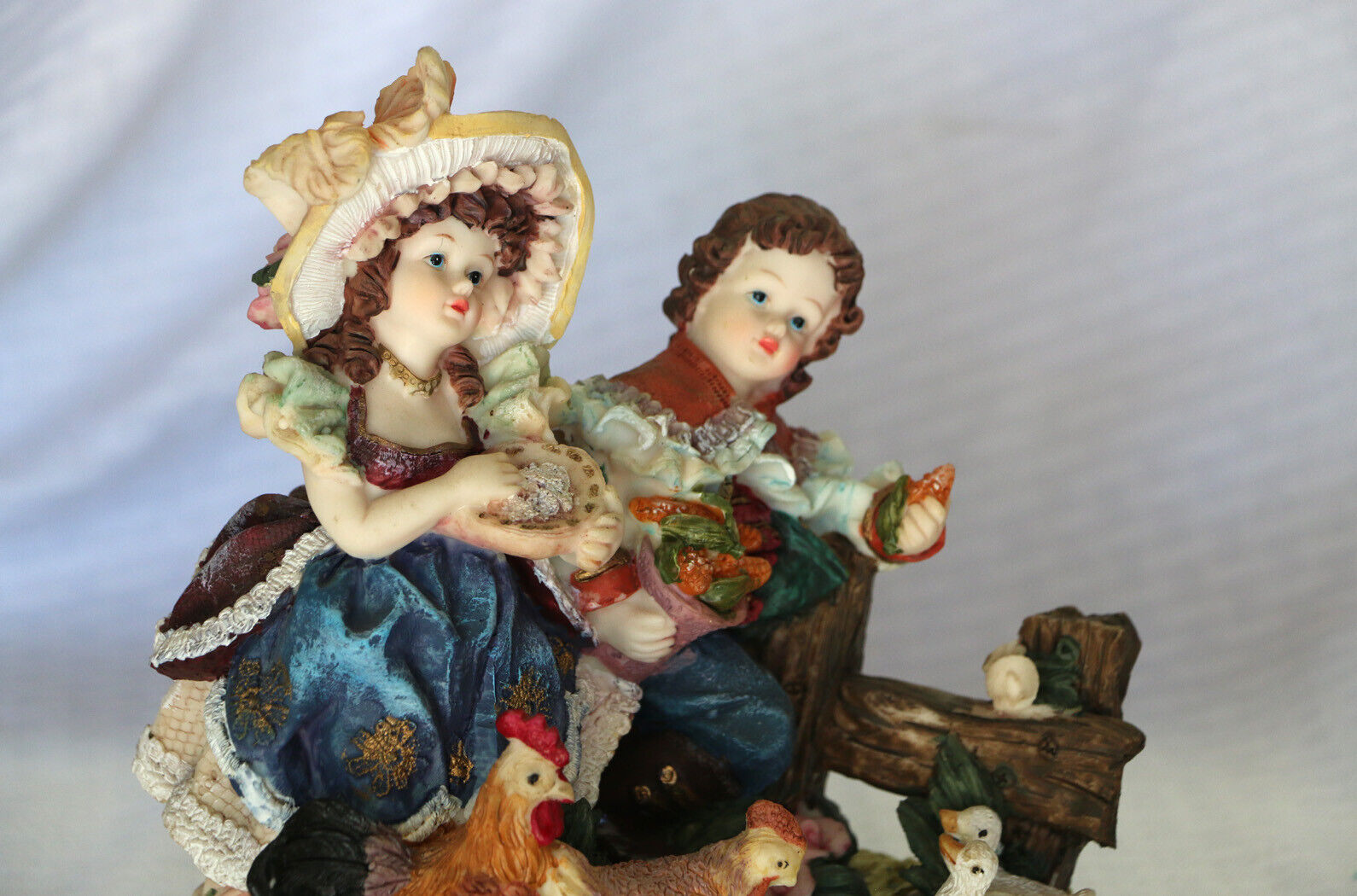 1700's Baroque Rococo Style Resin Figurine Girl & Boy Feeding Chickens