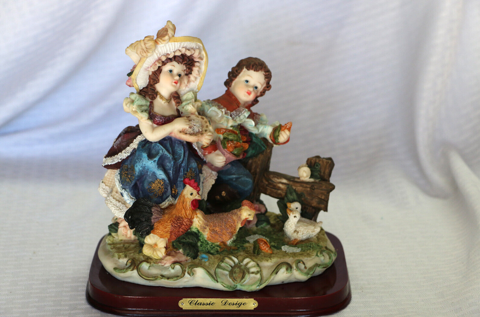 1700's Baroque Rococo Style Resin Figurine Girl & Boy Feeding Chickens