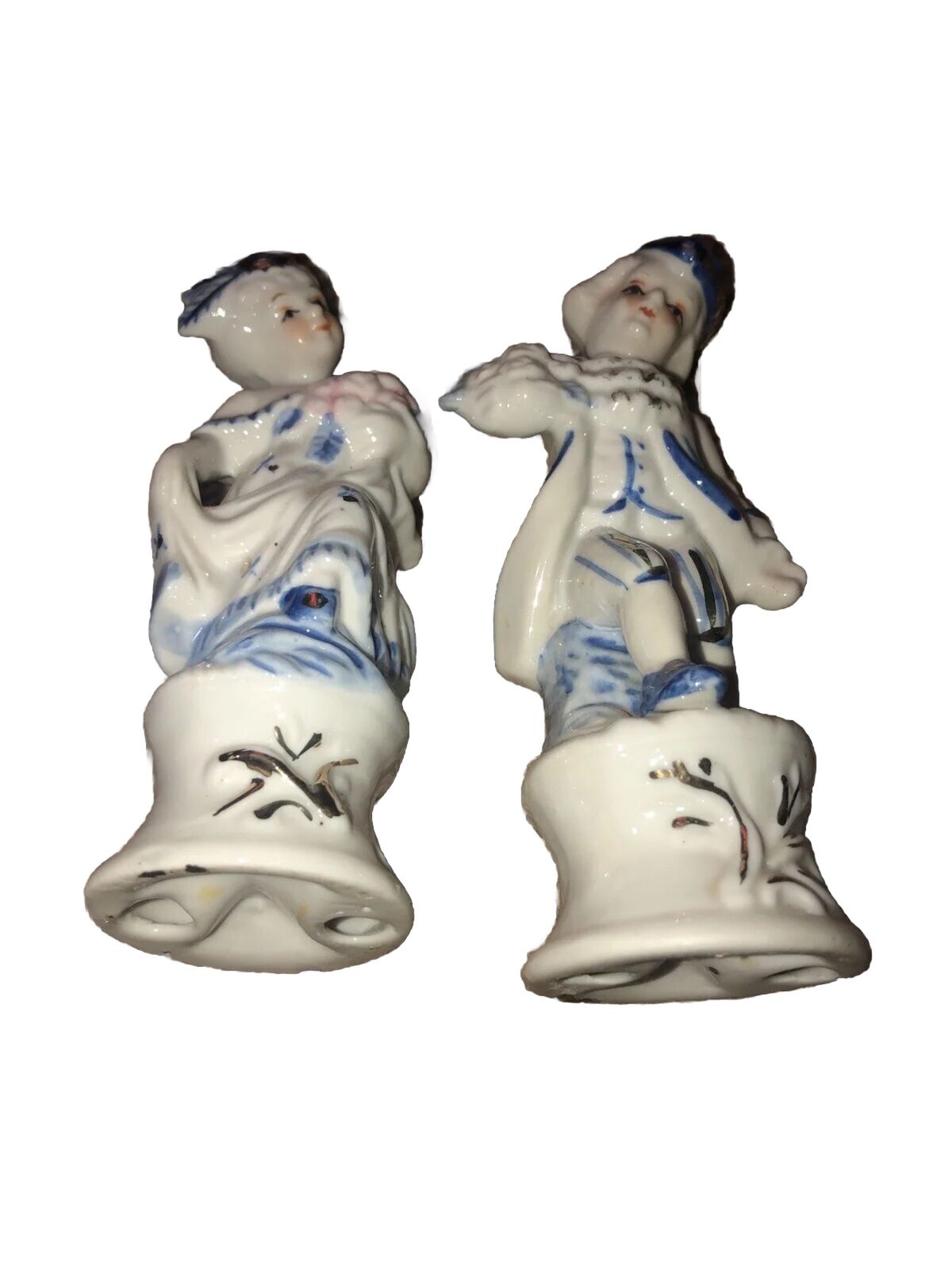 1950's Vintage Colonial Couple White & Blue  Ceramic Figurines With Gold Accents