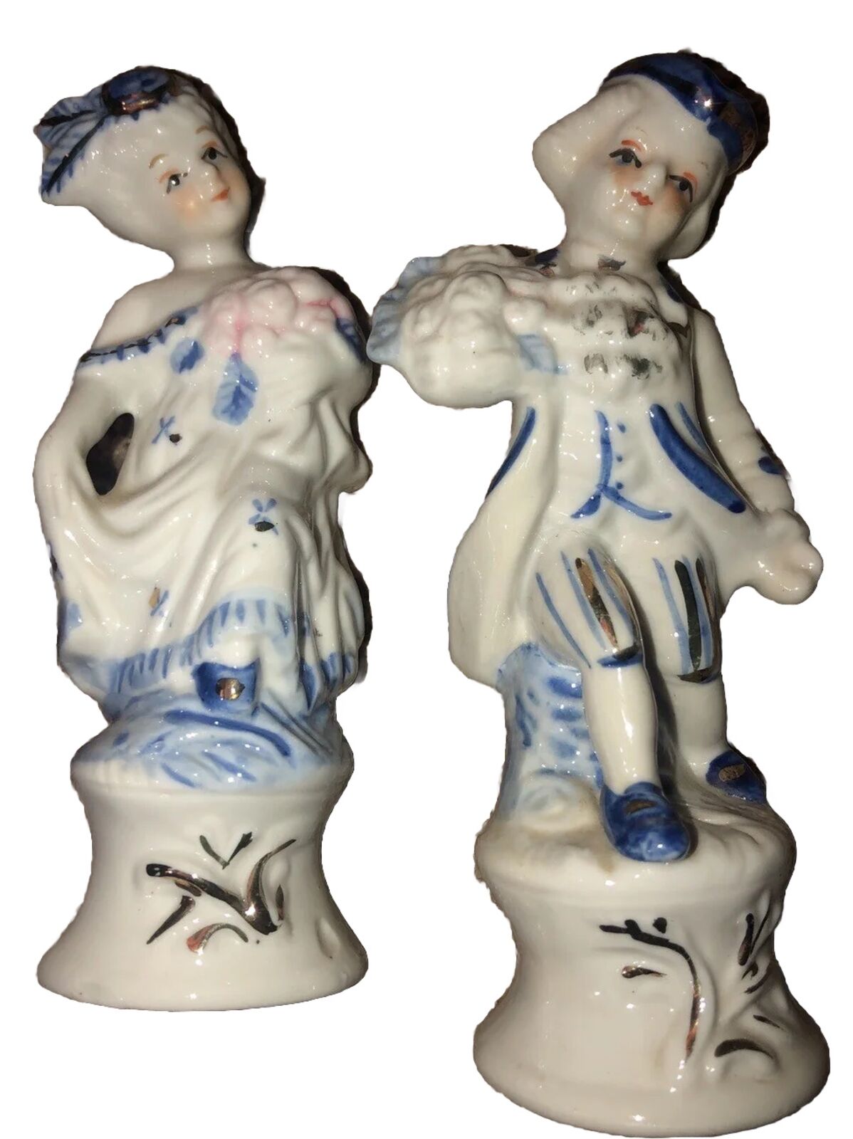 1950's Vintage Colonial Couple White & Blue  Ceramic Figurines With Gold Accents