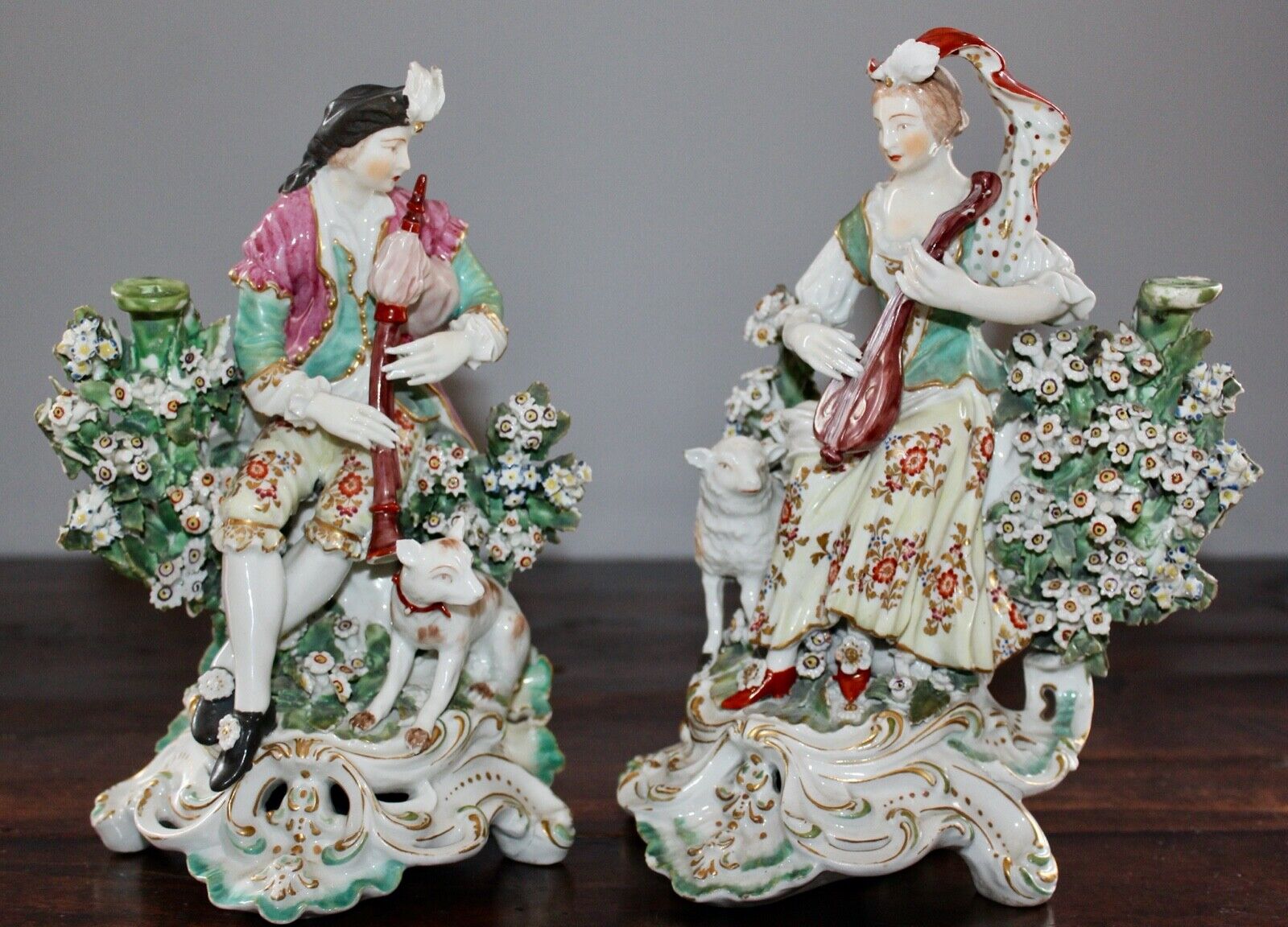 18TH C DERBY CANDLESTICK BOCAGE FIGURES: BAGPIPER & LUTE PLAYER VERY RARE