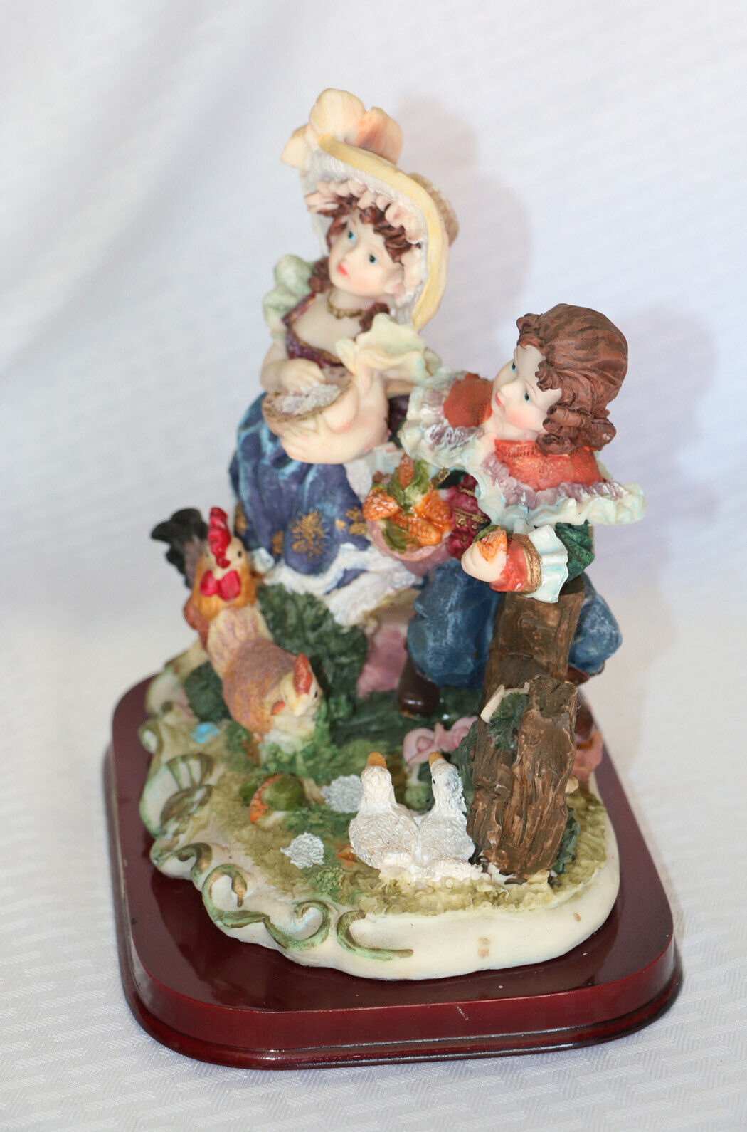 1700's Baroque Rococo Style Resin Figurine Girl & Boy Feeding Chickens