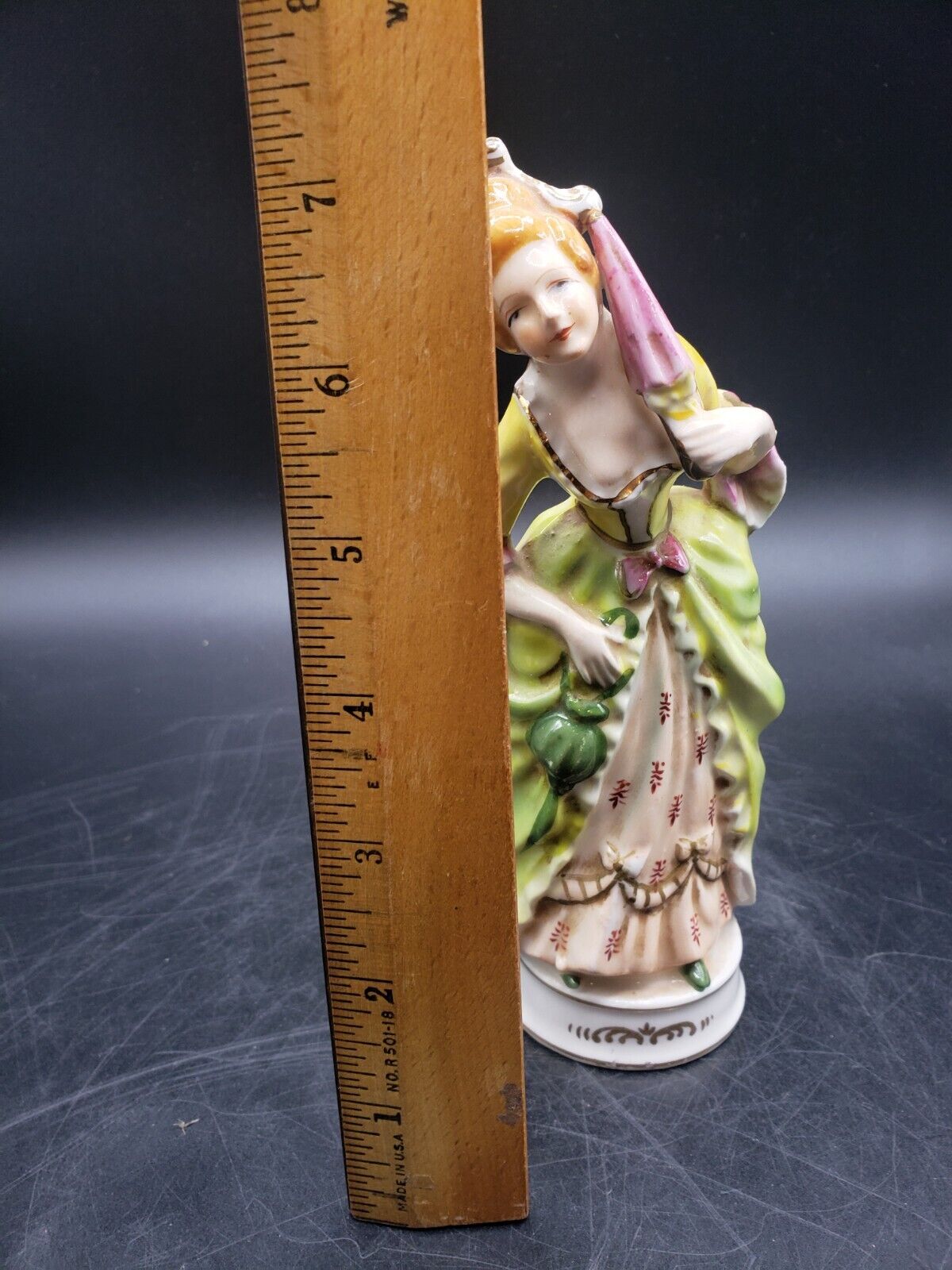 Vintage Ceramic 1700s Lady Green Dress Made in Occupied Japan