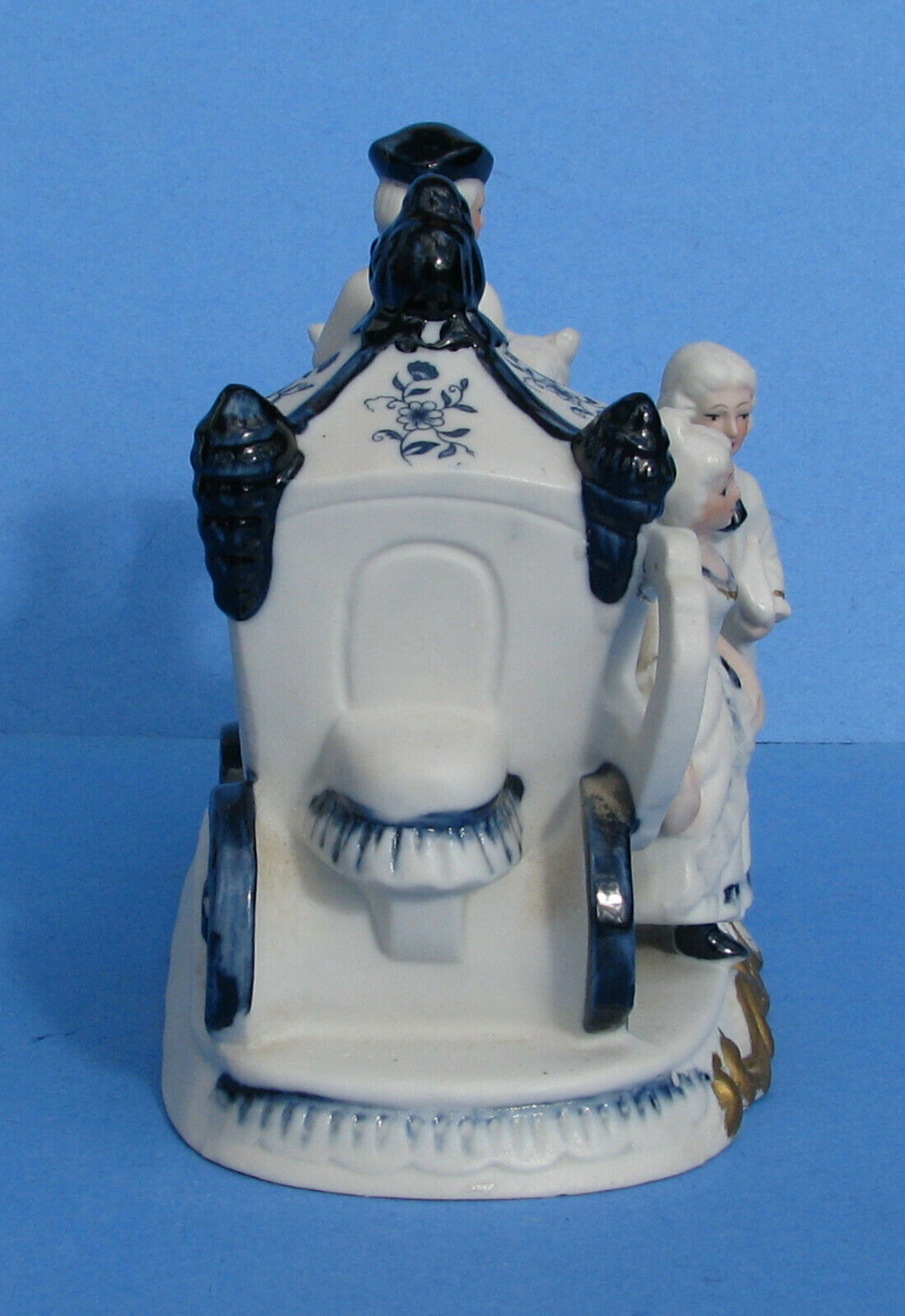 Vtg Blue & White Glazed Ceramic Statuette 1700's Courting Scene Coach & Horses