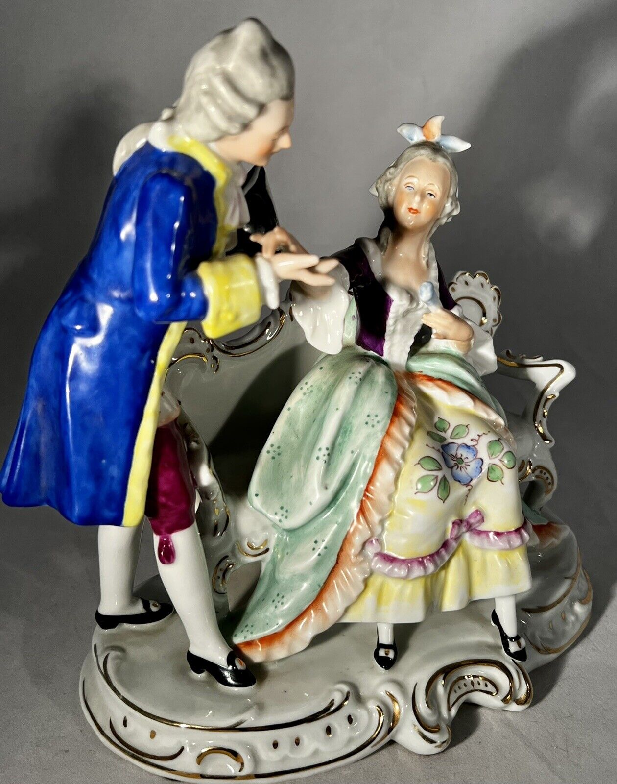 Kunstporzellan Figurine Courting Couple Circa 1920 8.5” Wide Excellent Condition