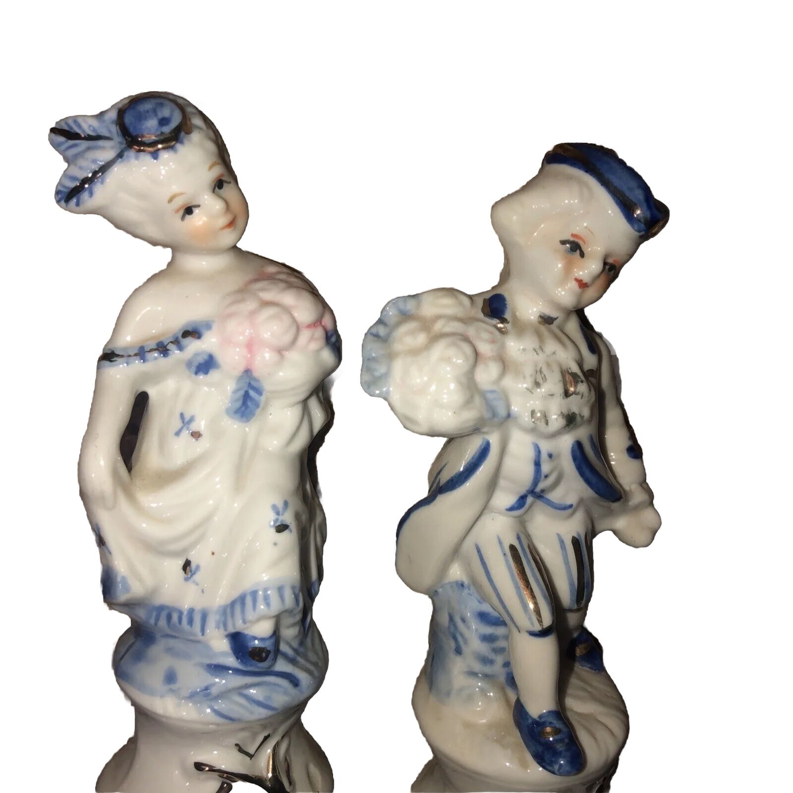 1950's Vintage Colonial Couple White & Blue  Ceramic Figurines With Gold Accents