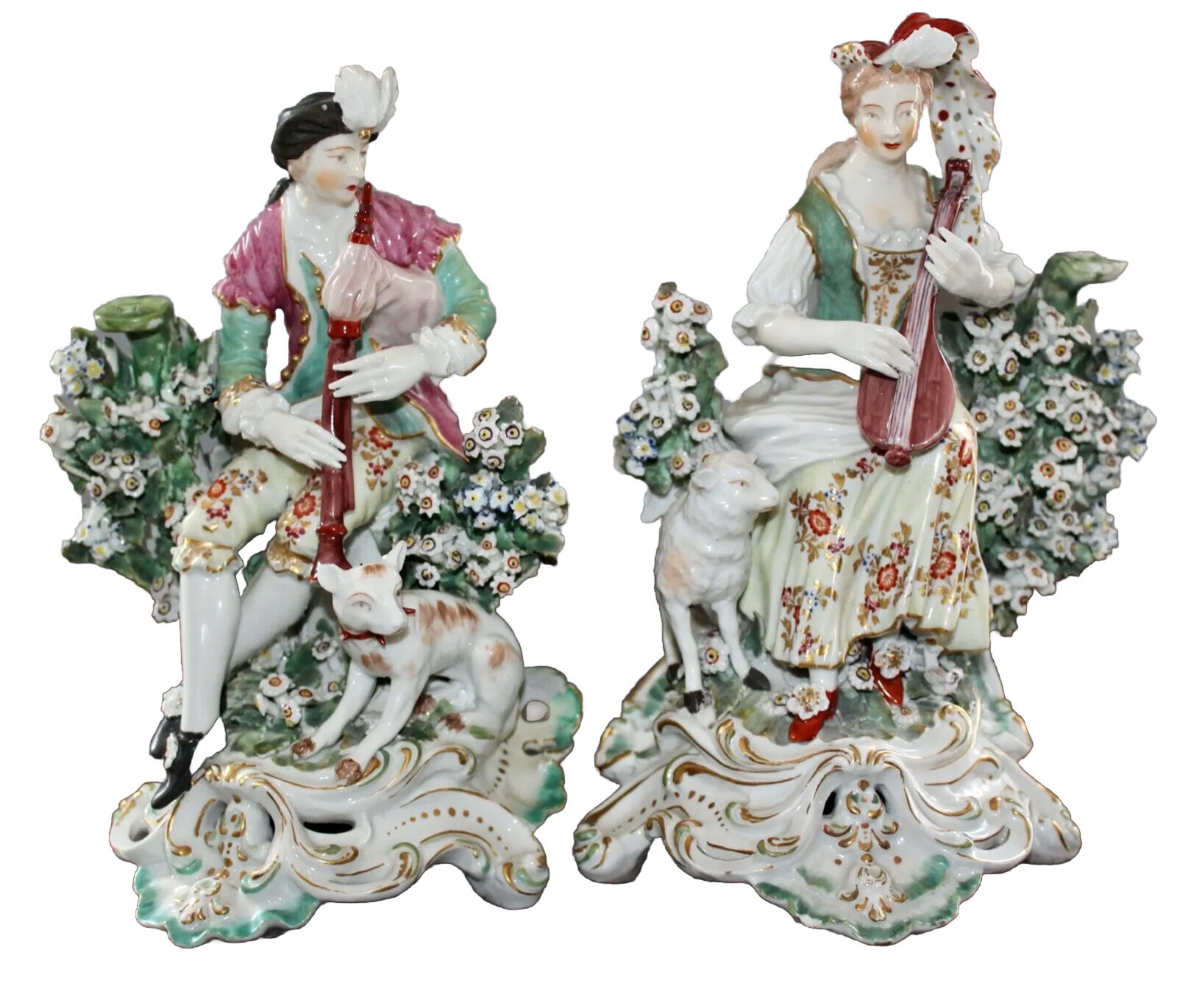 18TH C DERBY CANDLESTICK BOCAGE FIGURES: BAGPIPER & LUTE PLAYER VERY RARE