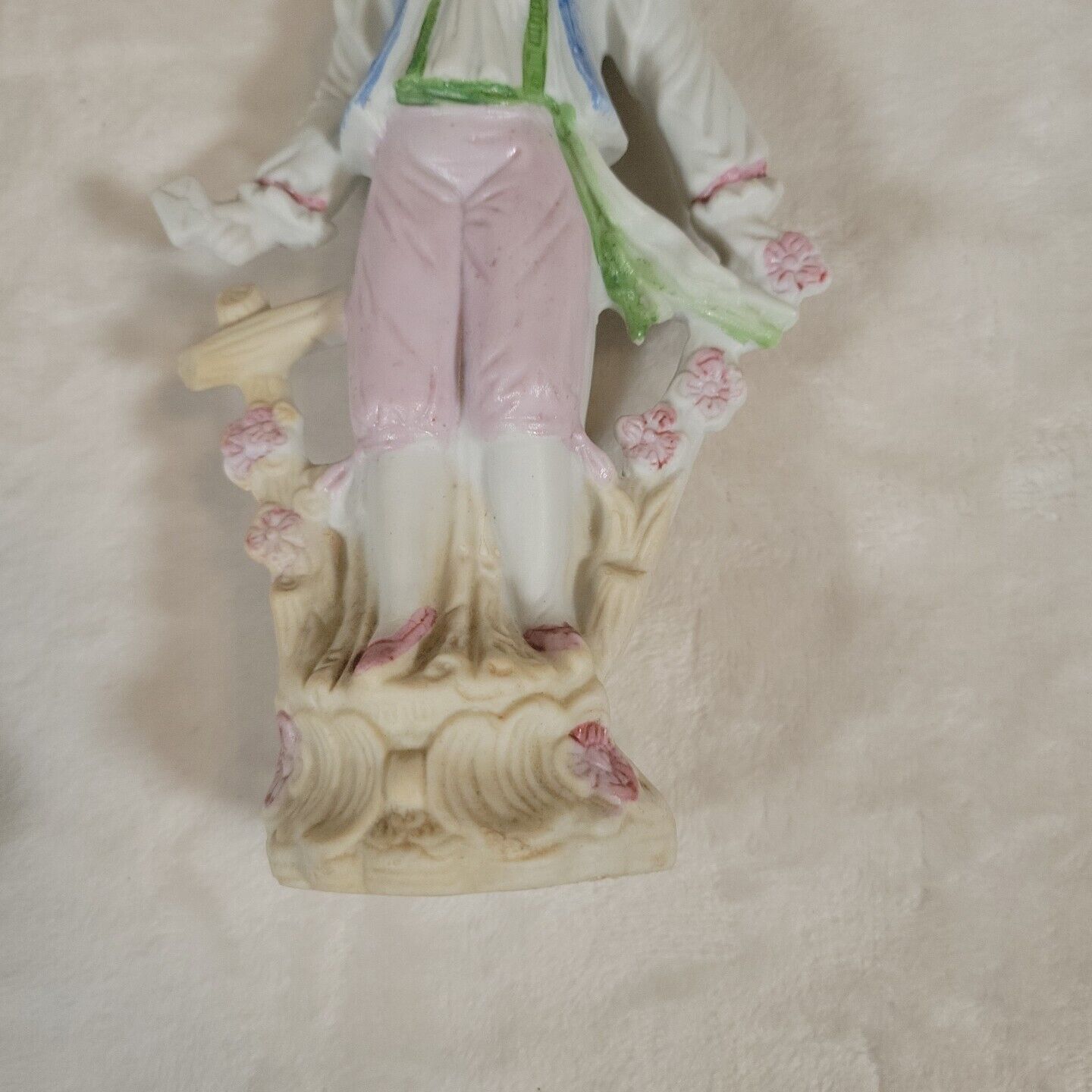 2 Japanese Porcelain Statues of 17th Century Man &  Woman Resting on Fence