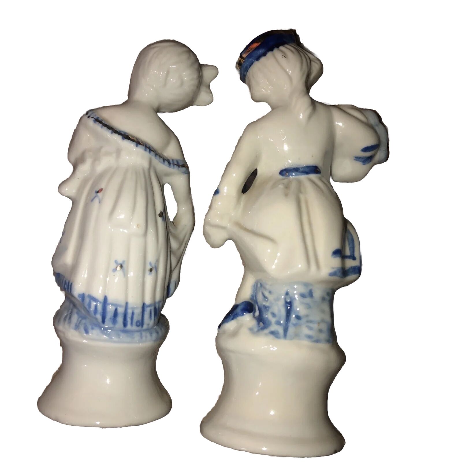 1950's Vintage Colonial Couple White & Blue  Ceramic Figurines With Gold Accents