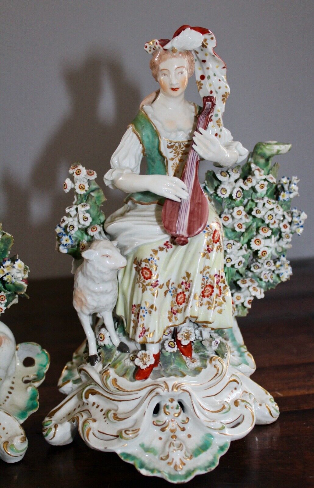 18TH C DERBY CANDLESTICK BOCAGE FIGURES: BAGPIPER & LUTE PLAYER VERY RARE