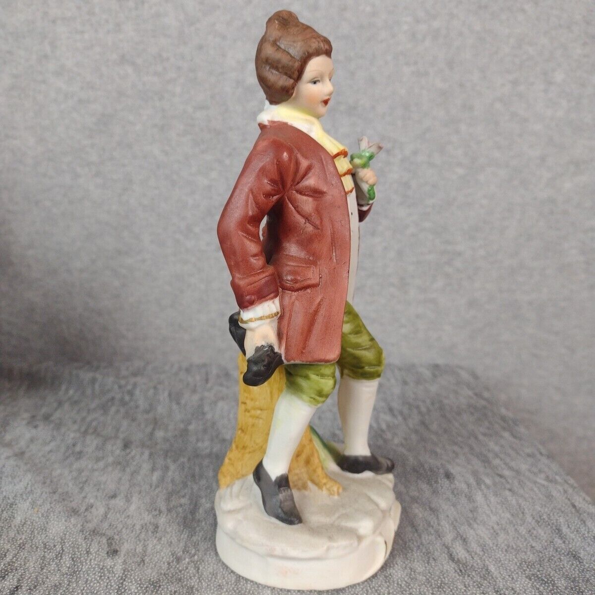 Vintage UCGC Taiwan Figurine 1700's Era Male Brown Coat Green Pants Pink Flower