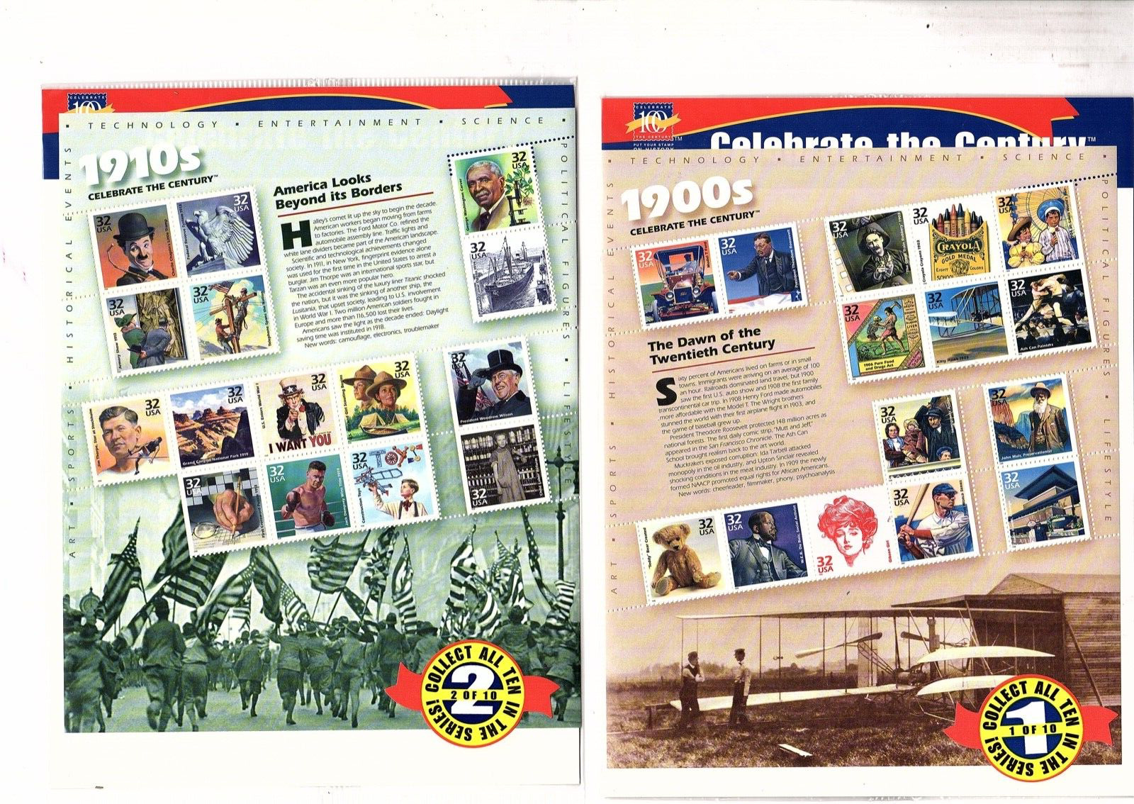 Celebrate the Century US Stamps Scott 3182-91 1900s-1990s CV $265 (bb12