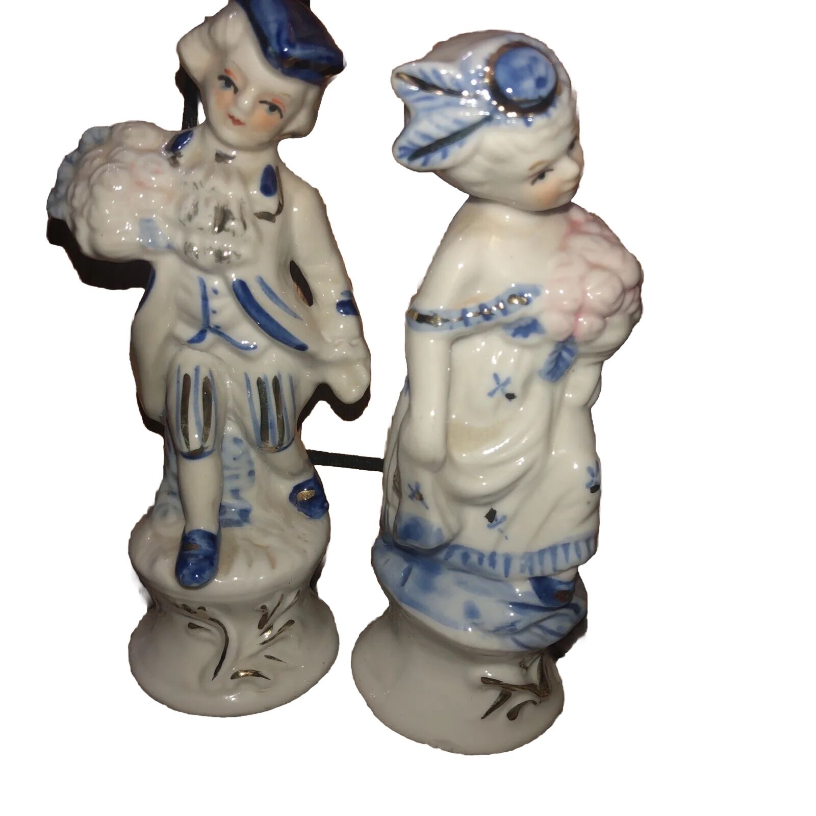 1950's Vintage Colonial Couple White & Blue  Ceramic Figurines With Gold Accents