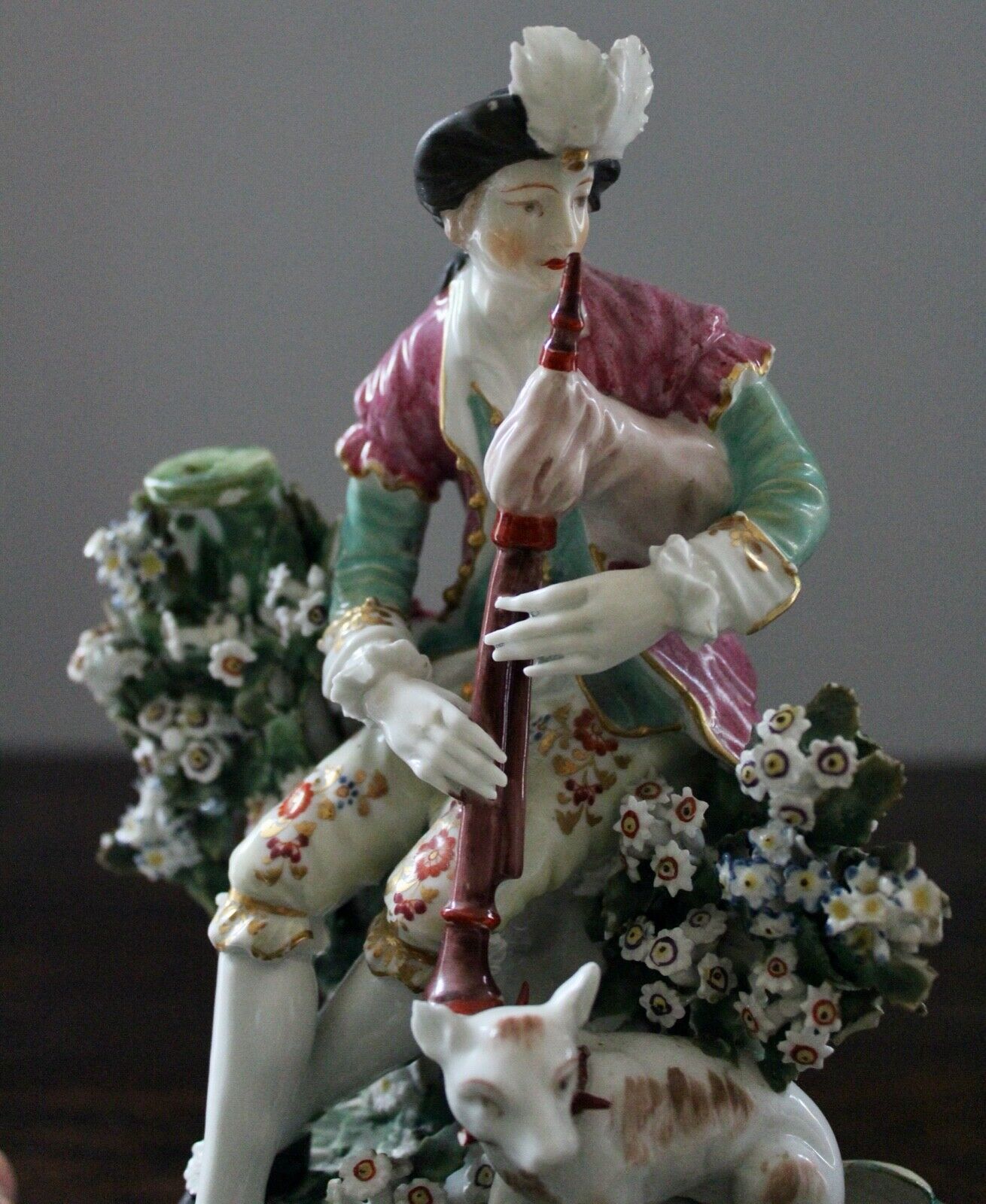 18TH C DERBY CANDLESTICK BOCAGE FIGURES: BAGPIPER & LUTE PLAYER VERY RARE