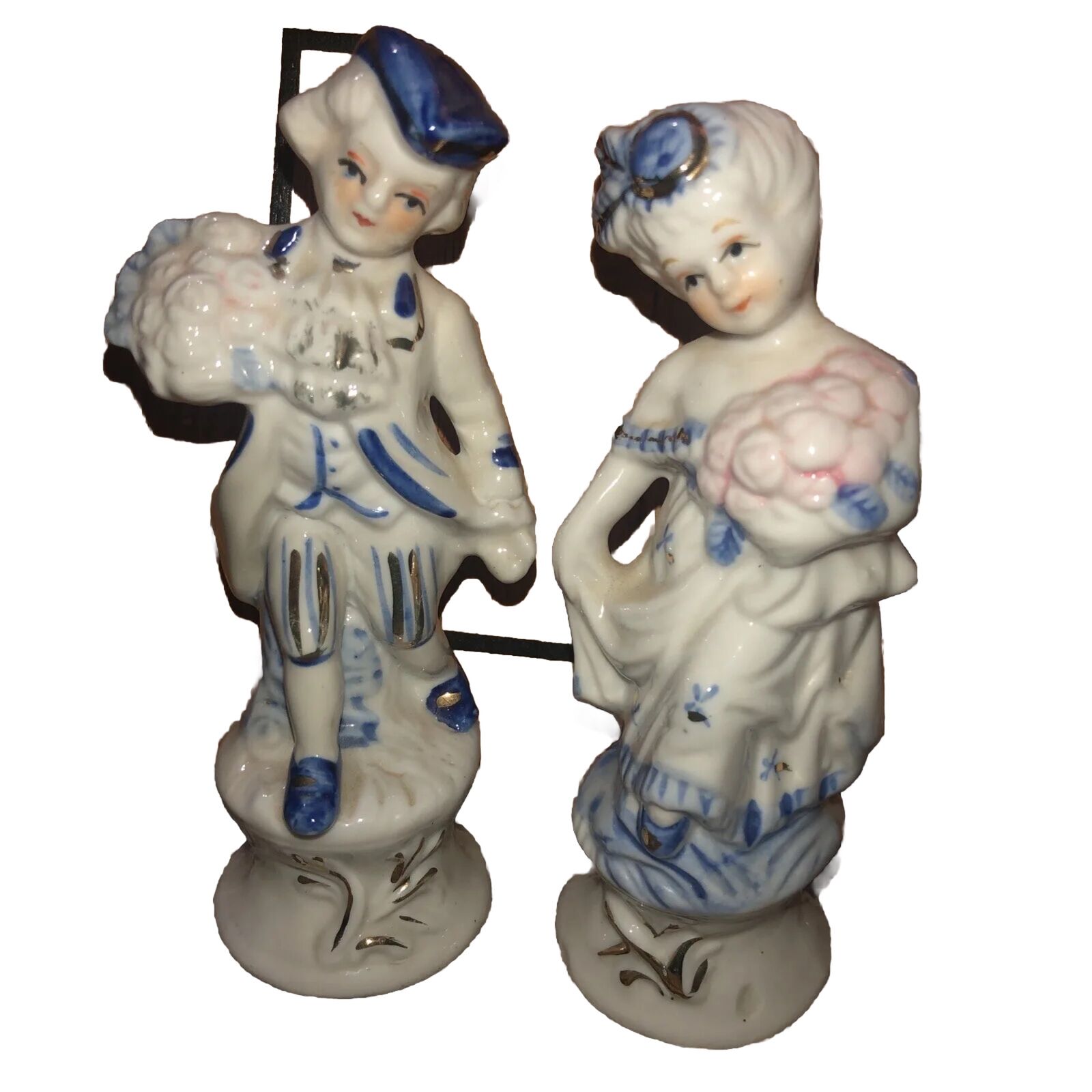 1950's Vintage Colonial Couple White & Blue  Ceramic Figurines With Gold Accents