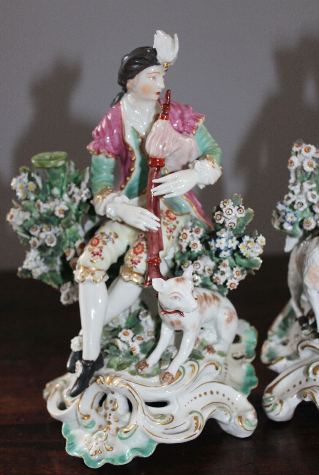 18TH C DERBY CANDLESTICK BOCAGE FIGURES: BAGPIPER & LUTE PLAYER VERY RARE