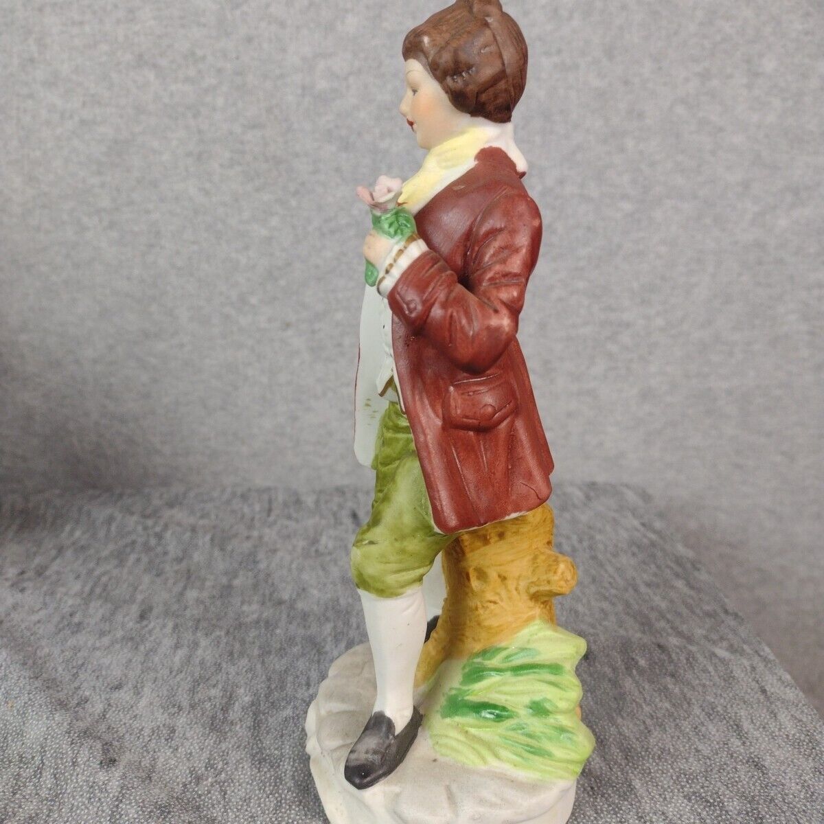 Vintage UCGC Taiwan Figurine 1700's Era Male Brown Coat Green Pants Pink Flower