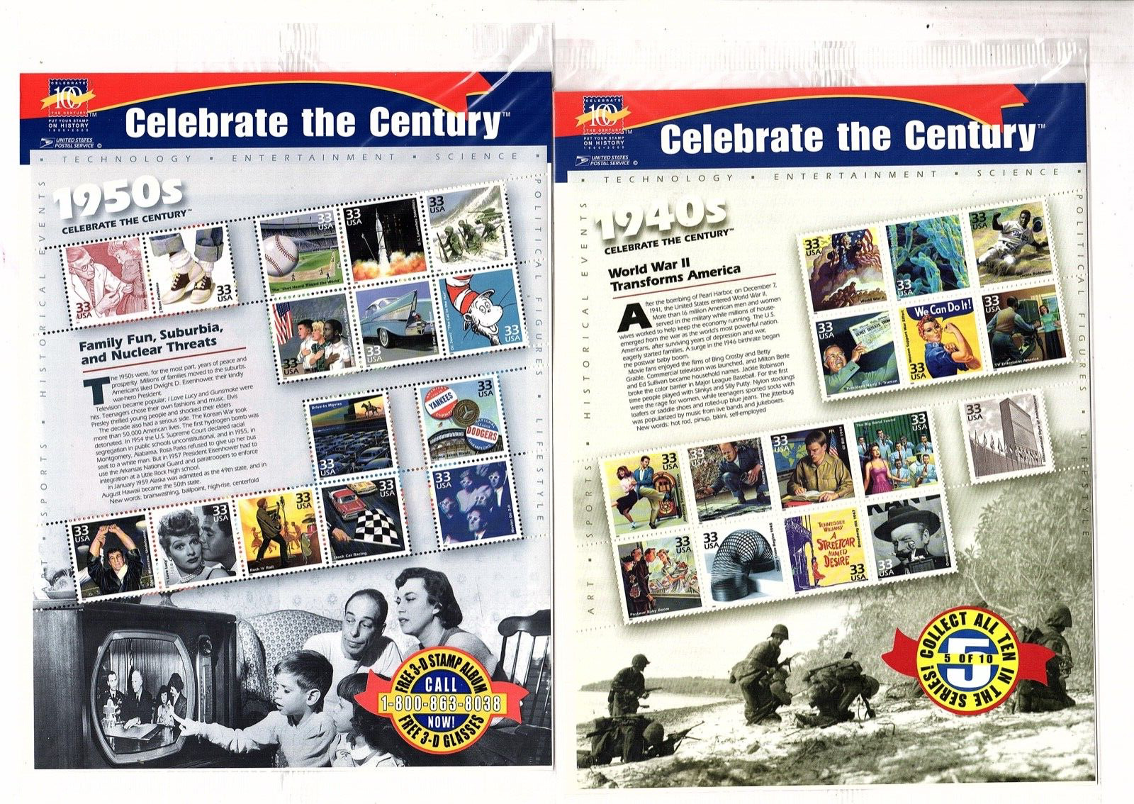 Celebrate the Century  US Stamps  Scott 3182-91   1900s-1990s CV $265 (bb12