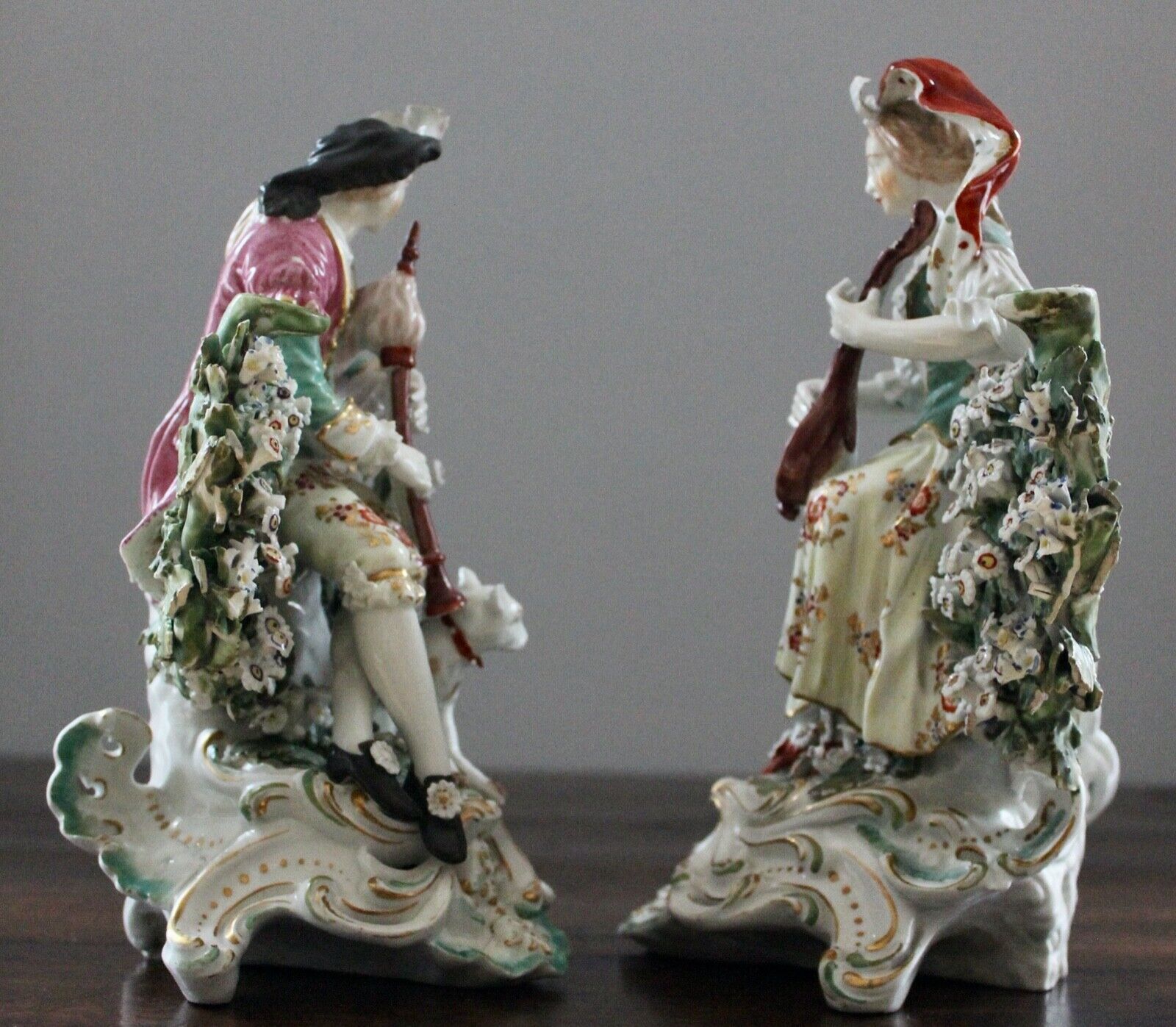 18TH C DERBY CANDLESTICK BOCAGE FIGURES: BAGPIPER & LUTE PLAYER VERY RARE