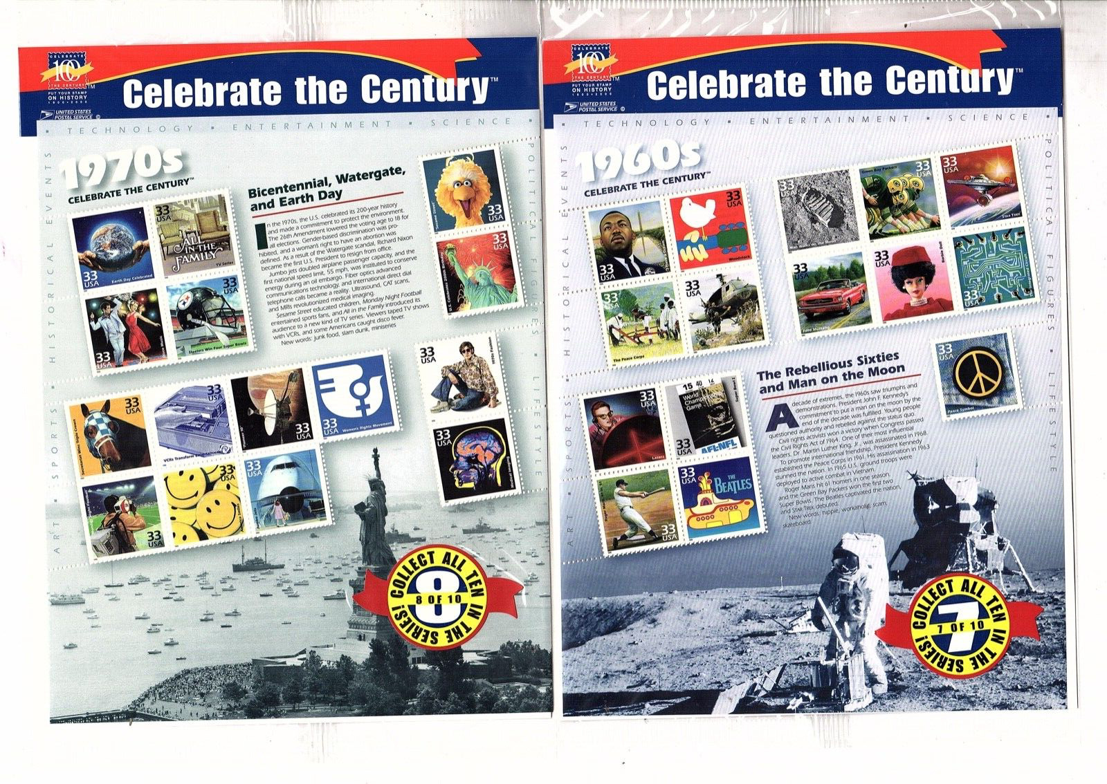 Celebrate the Century  US Stamps  Scott 3182-91   1900s-1990s CV $265 (bb12