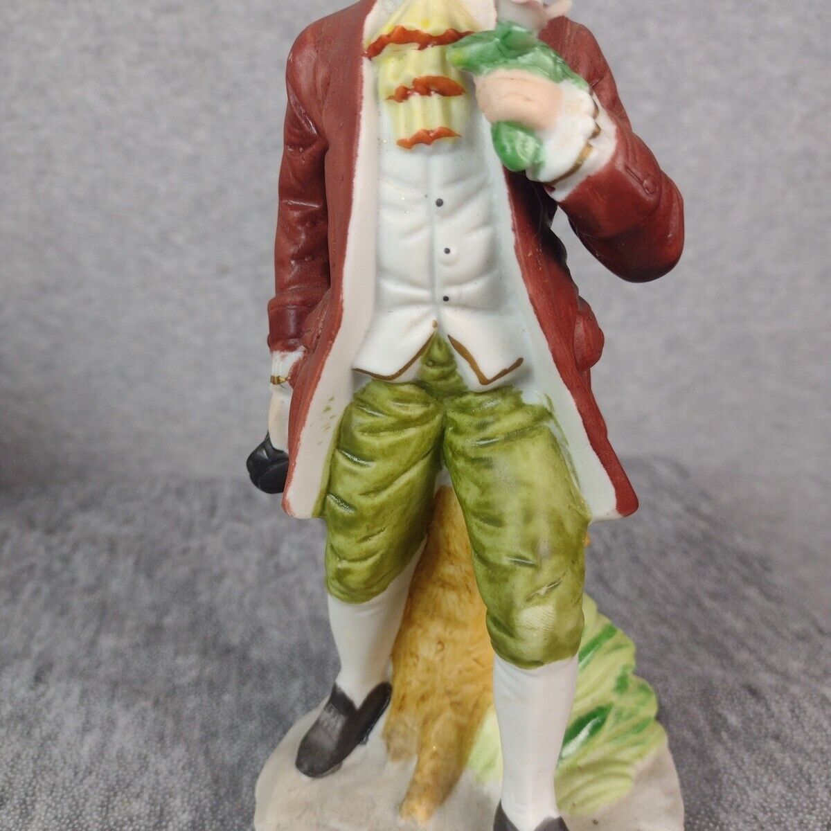 Vintage UCGC Taiwan Figurine 1700's Era Male Brown Coat Green Pants Pink Flower