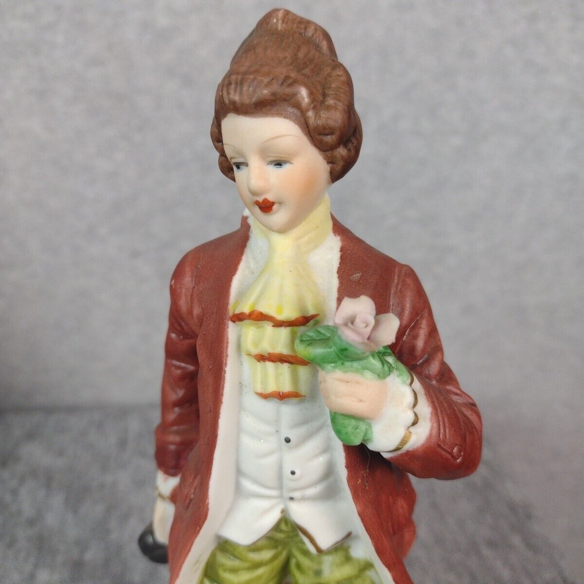 Vintage UCGC Taiwan Figurine 1700's Era Male Brown Coat Green Pants Pink Flower