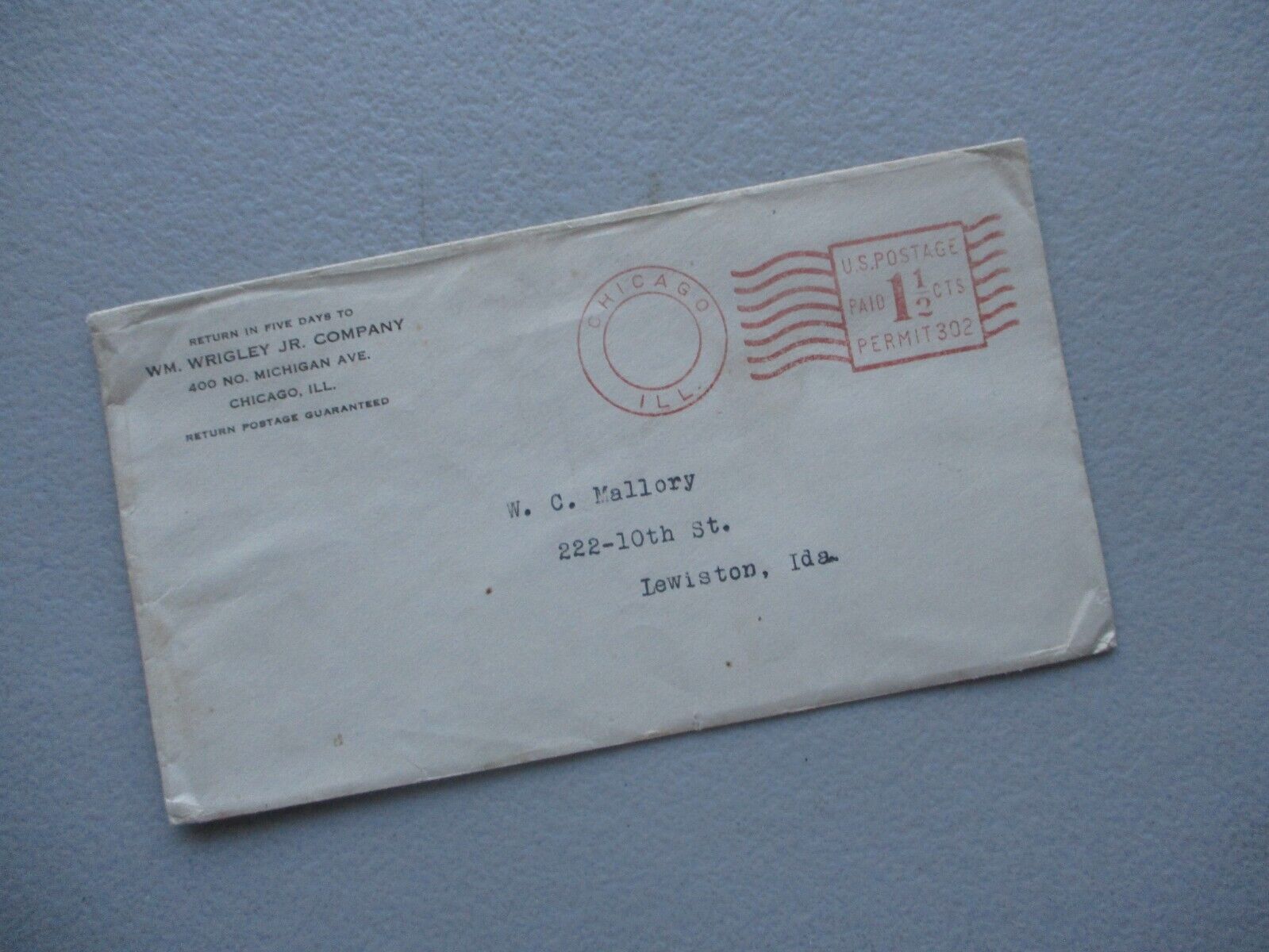 EARLY 1900's William Wrigley Jr (Baseball Cubs) Company Chicago Personal Cover