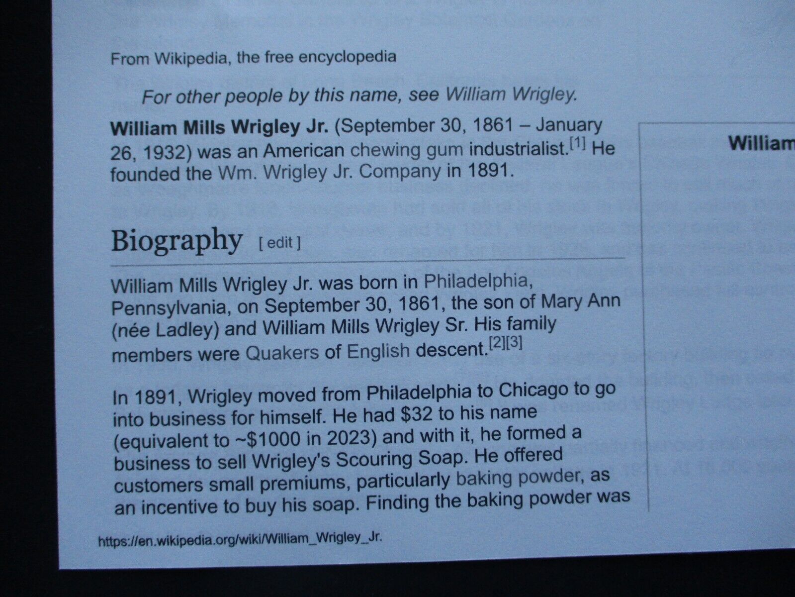 EARLY 1900's William Wrigley Jr (Baseball Cubs) Company Chicago Personal Cover