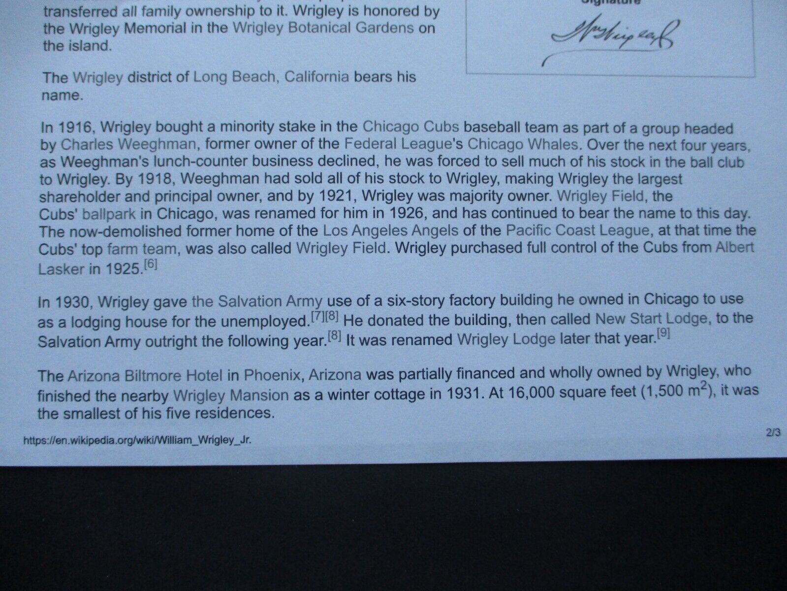 EARLY 1900's William Wrigley Jr (Baseball Cubs) Company Chicago Personal Cover