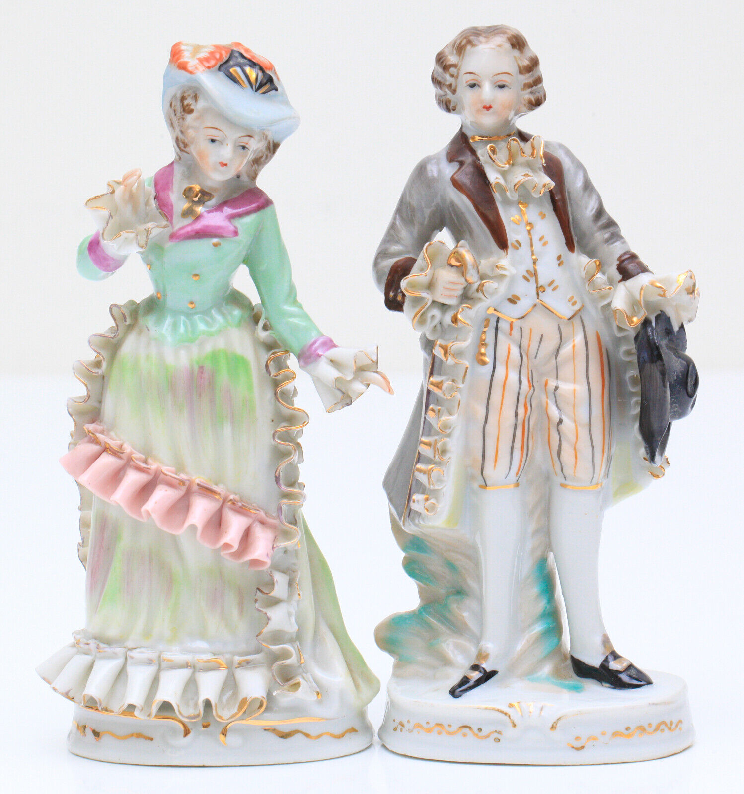Vintage Colonial Porcelain 7 Inch Tall Figurines Man and Woman 1700's Style
