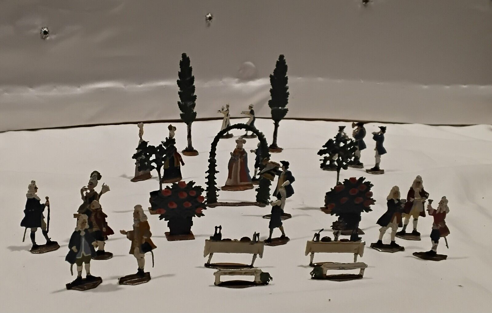 Antique Miniature Metal 1700s Garden Party Musicians Trees Ladies Servent Etc 30