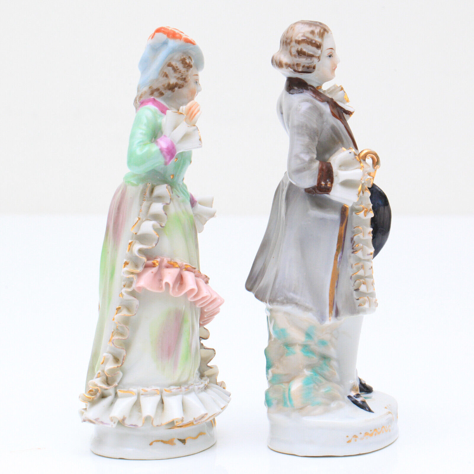 Vintage Colonial Porcelain 7 Inch Tall Figurines Man and Woman 1700's Style 
