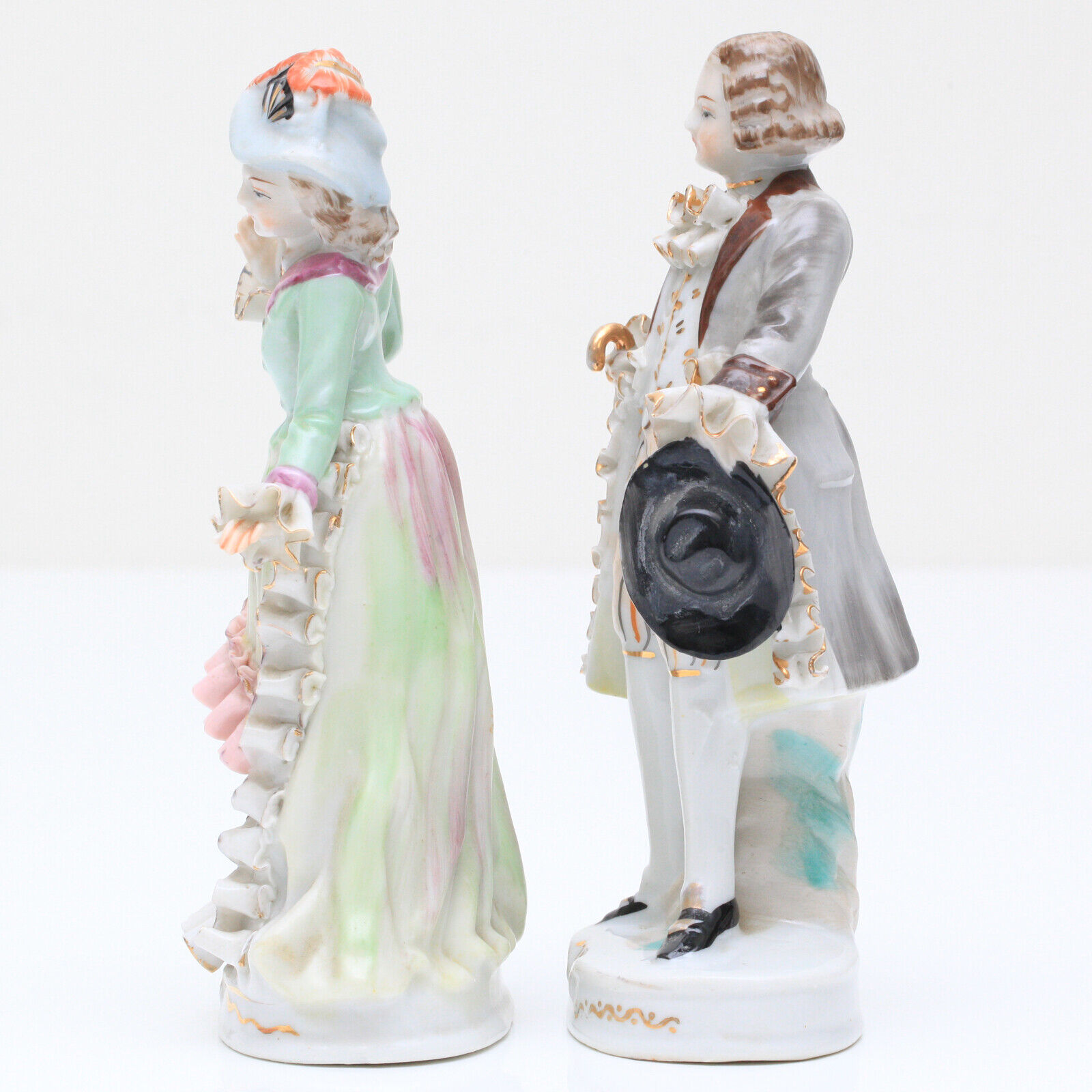 Vintage Colonial Porcelain 7 Inch Tall Figurines Man and Woman 1700's Style 