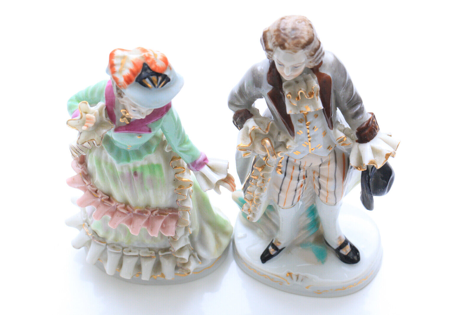 Vintage Colonial Porcelain 7 Inch Tall Figurines Man and Woman 1700's Style 