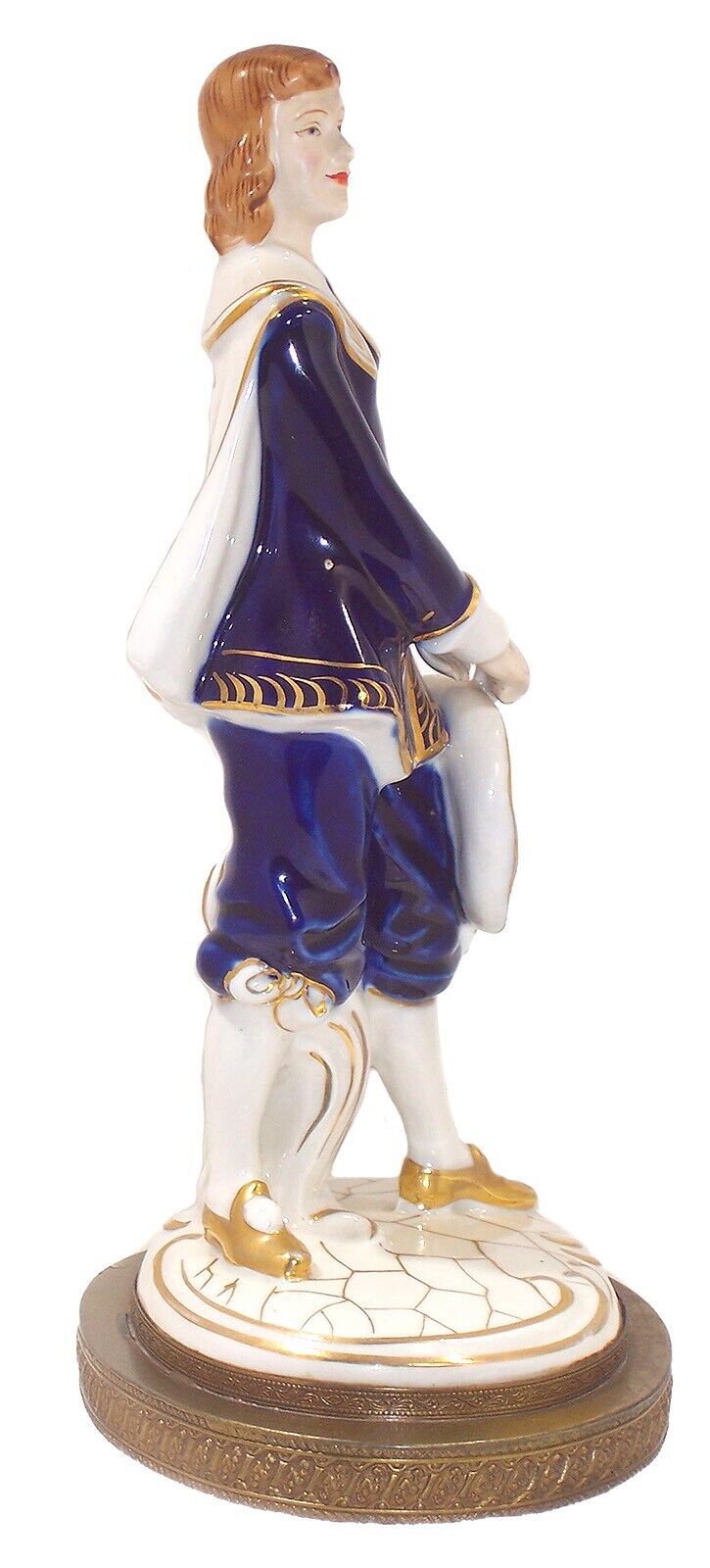 Porcelain French Courtier Statue on Brass Base, 17th Century Costume, 9.5” Tall