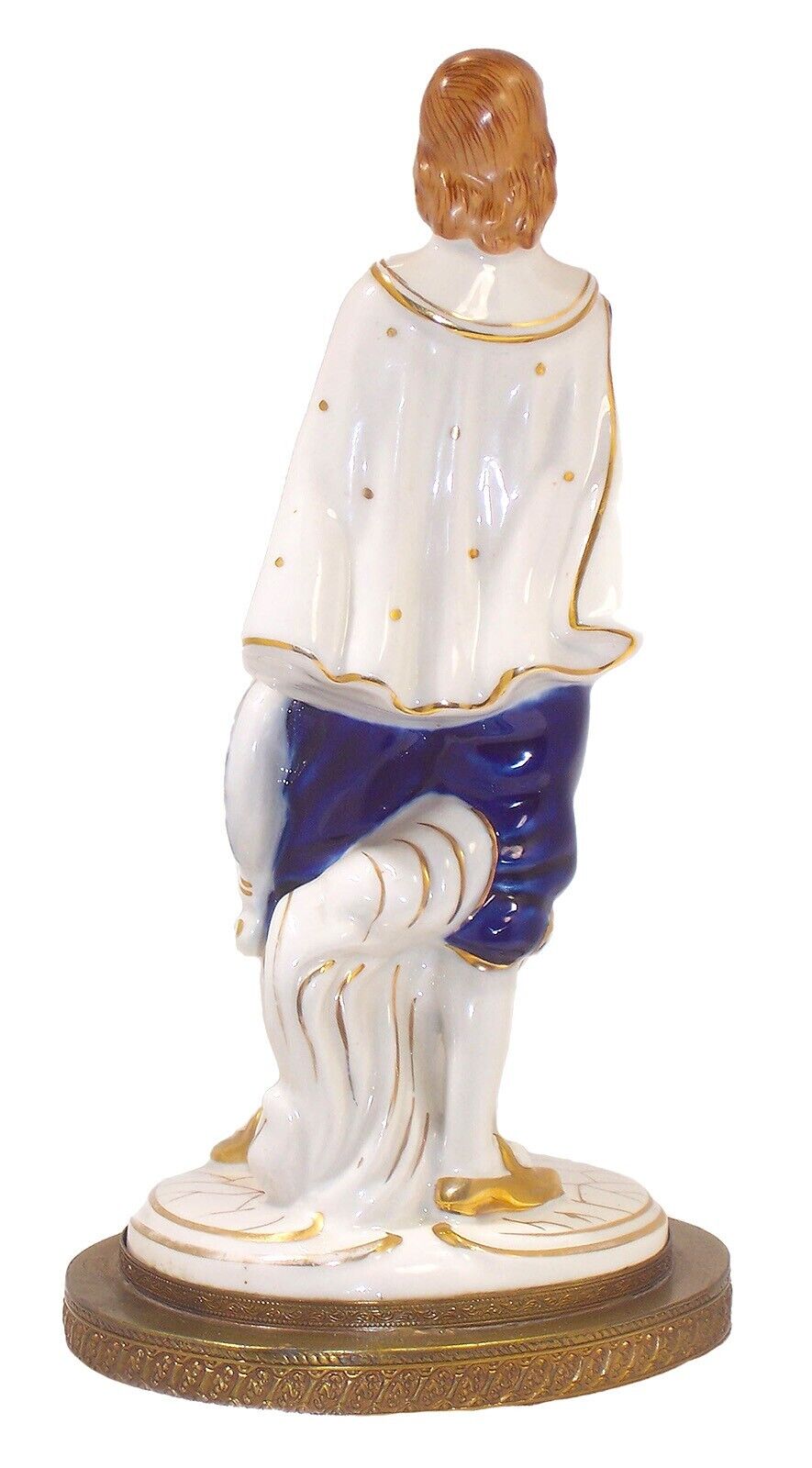 Porcelain French Courtier Statue on Brass Base, 17th Century Costume, 9.5” Tall