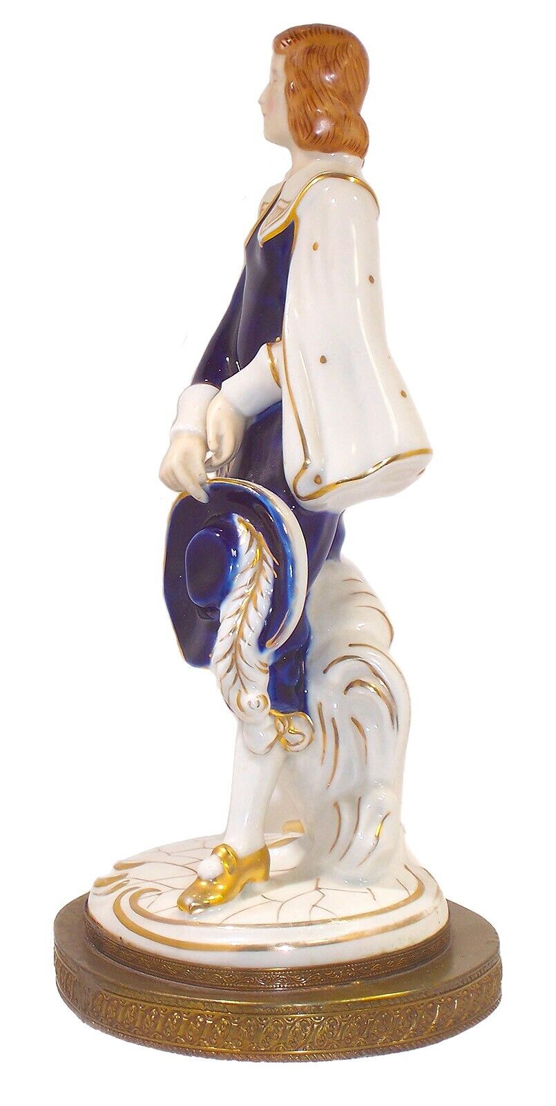 Porcelain French Courtier Statue on Brass Base, 17th Century Costume, 9.5” Tall