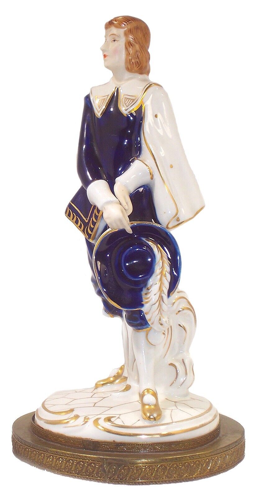 Porcelain French Courtier Statue on Brass Base, 17th Century Costume, 9.5” Tall
