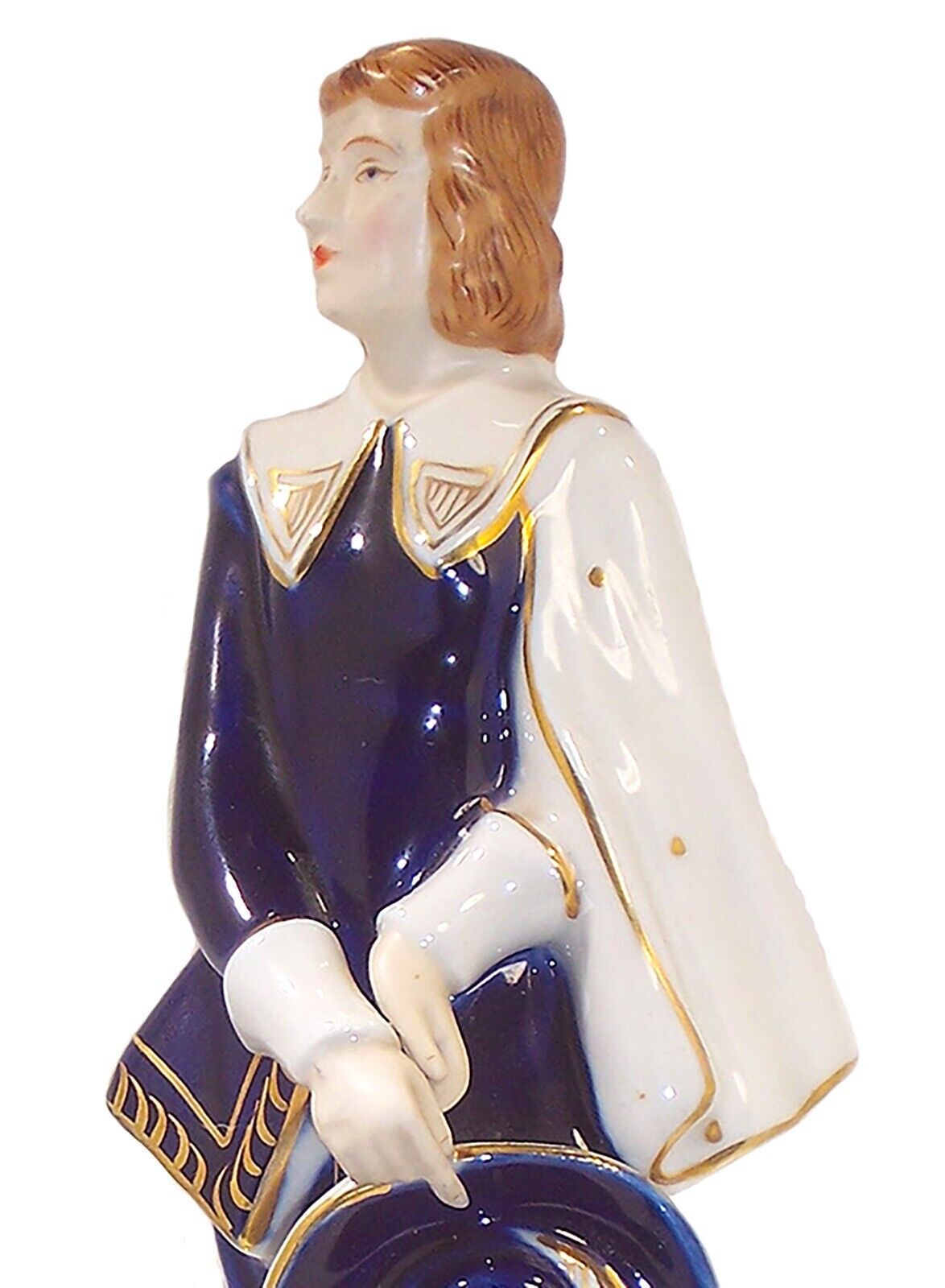 Porcelain French Courtier Statue on Brass Base, 17th Century Costume, 9.5” Tall