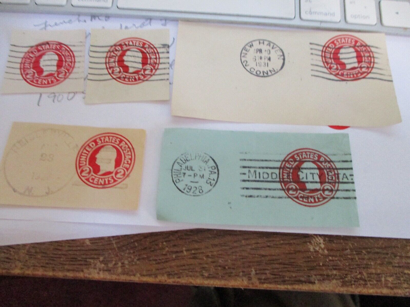 LOT OF 5 GEORGE WASHINGTON 1900'S 2c RED EMBOSSED STAMPS CORNER ENVELOPE CUTS