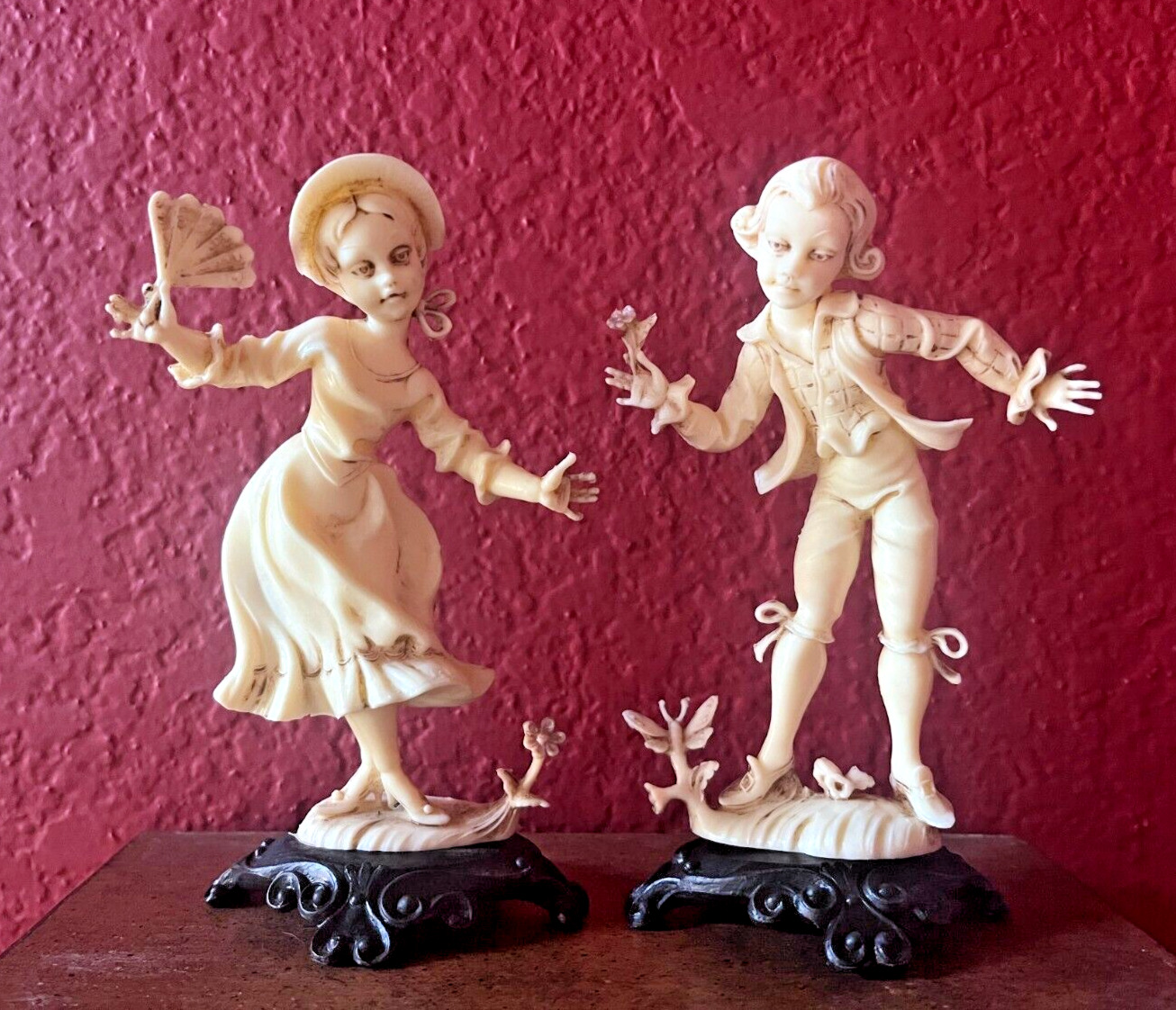 Vintage ~ 1700s Boy & Girl Figurines ~ Ivorine Polyresin ~ Italy ~ 5.5” Tall
