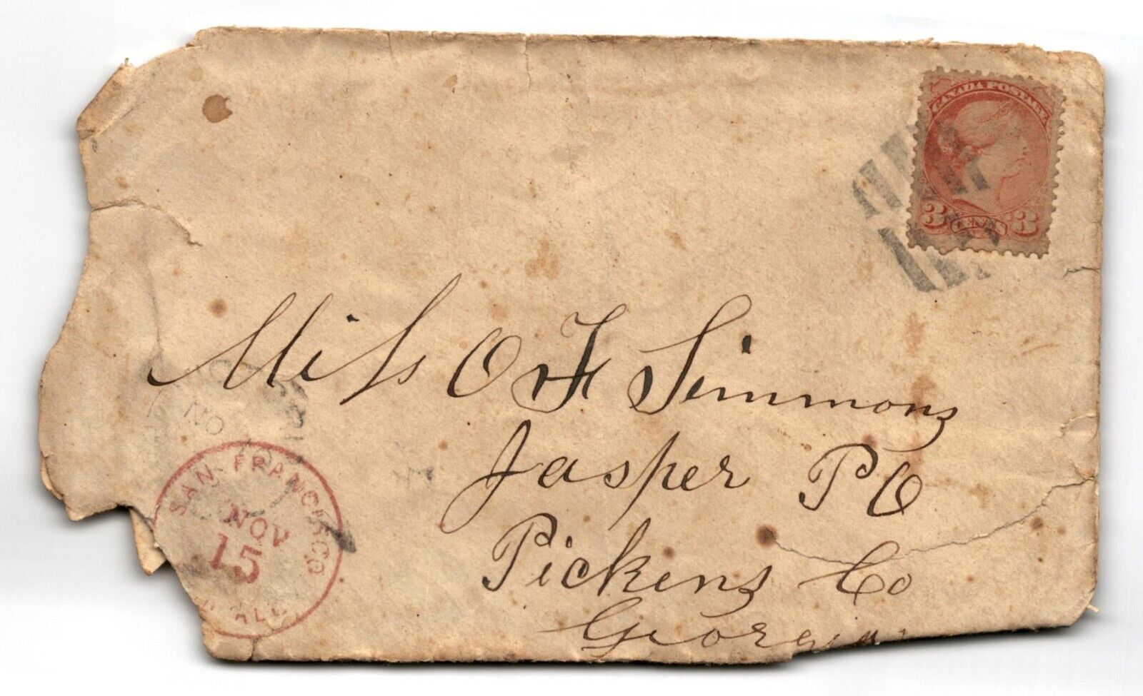 1800's Postal Cover Canada to USA with stamp