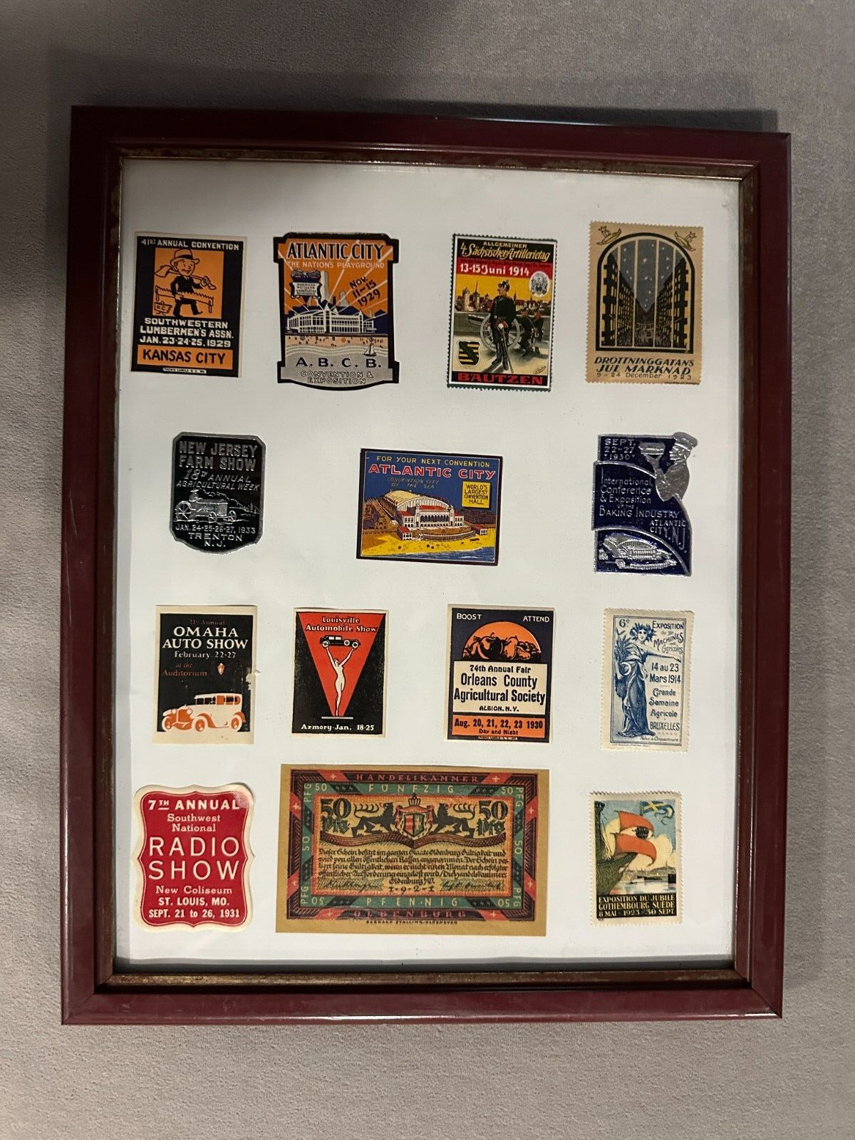 Framed Varity of 1900’s Stamps, Tickets, Advertisements, Show Promotions, etc.