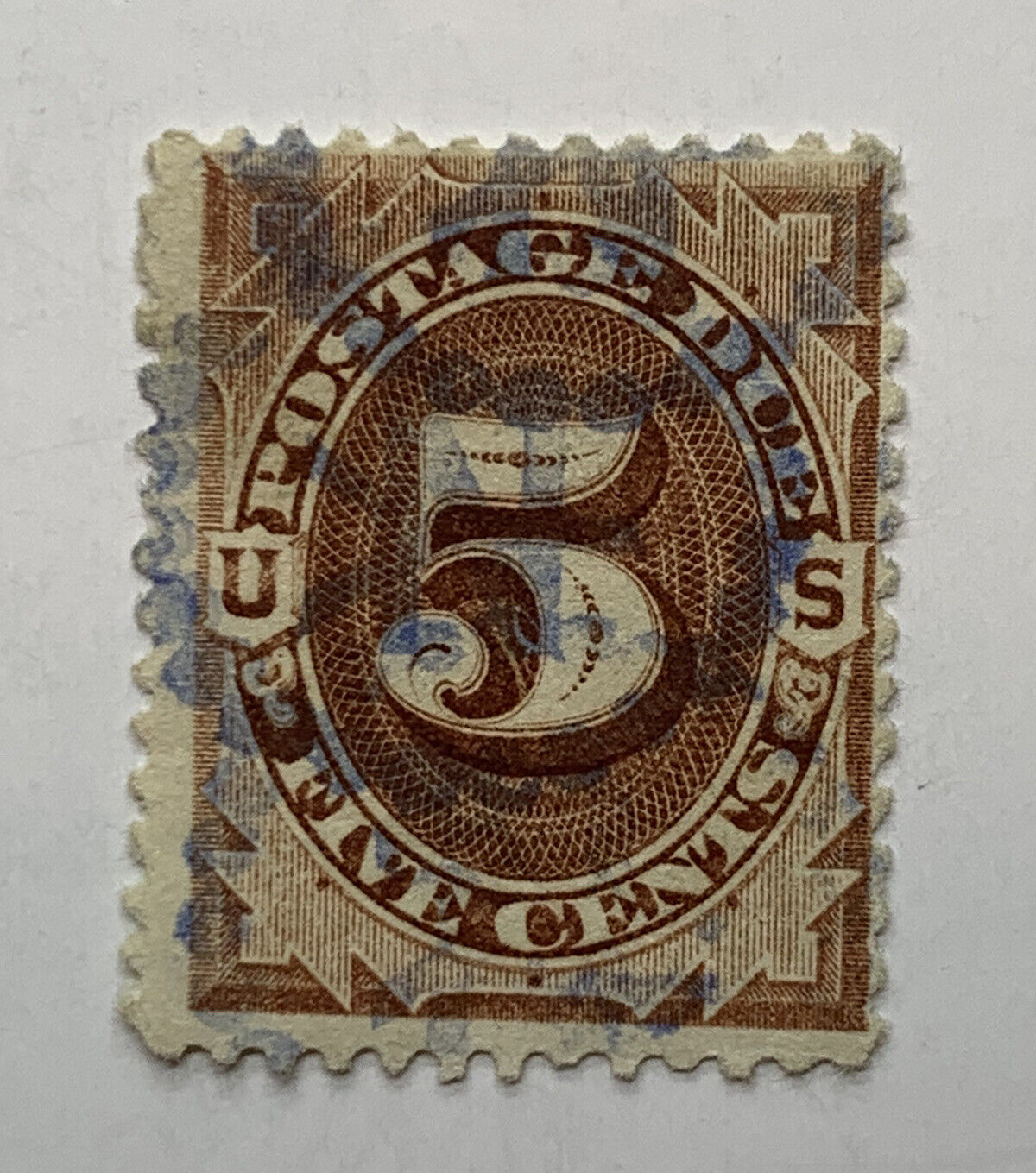 1800's US 5 POSTAGE DUE STAMP WITH BEADED CIRCLE FANCY CANCEL