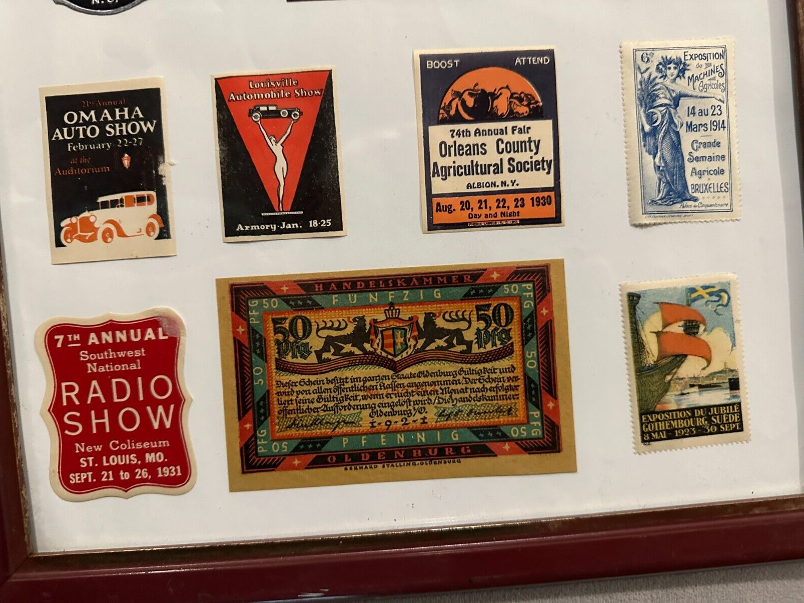 Framed Varity of 1900’s Stamps, Tickets, Advertisements, Show Promotions, etc.