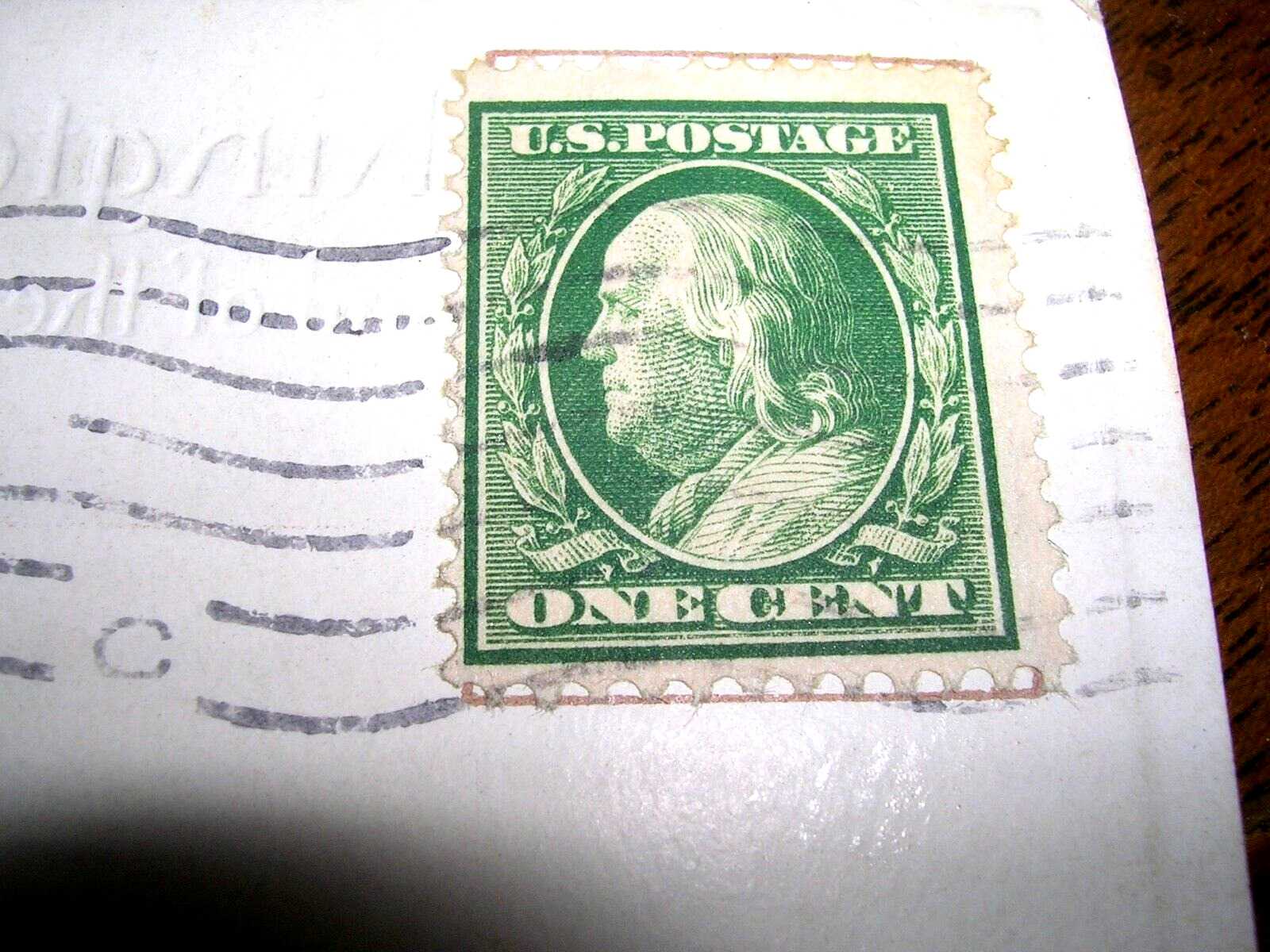 BEN FRANKLIN VINTAGE ONE CENT STAMP "EXTREMELY RARE"-USED . ON POST CARD, 1900S
